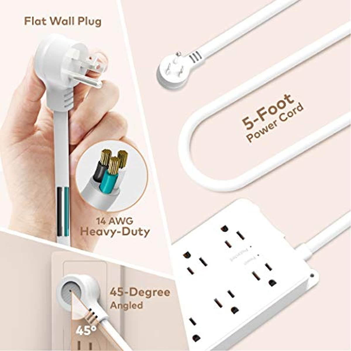 Power Strip Surge Protector, ETL Listed, TROND 7 Widely-Spaced Outlets Expansion with 3 USB Ports, Flat Plug, 1700 Joules, 5ft Extension Cord, Wall Mountable, White