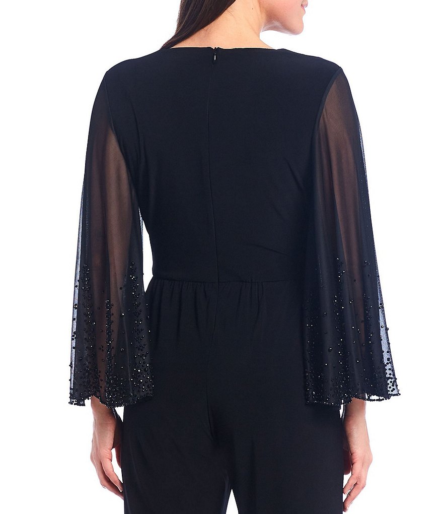 Marina V-Neck Embellished 3/4 Flared Sleeve Matte Jersey Jumpsuit