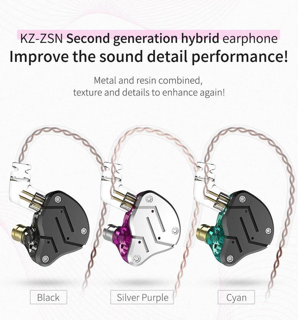 KZ ZSN Hybrid Driver IEM Detachable Tangle-Free Cable Musicians (Black Cyan)