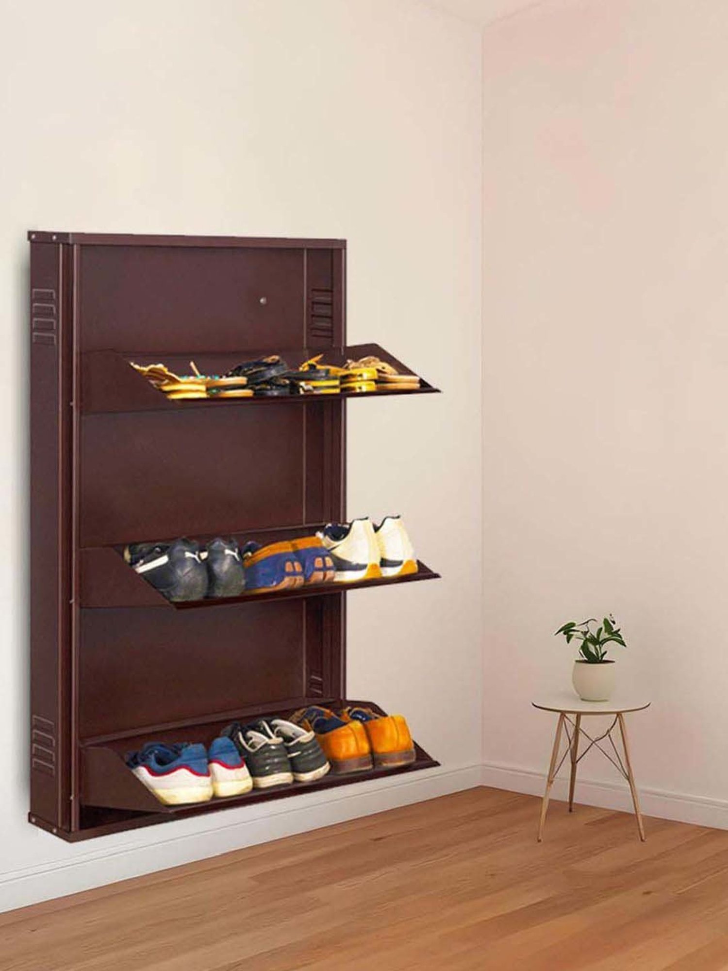 Delite Kom Metal Shoe Rack - 29" 3 Shelf, Coffee, PowderCoat, Wall Mount, DIY