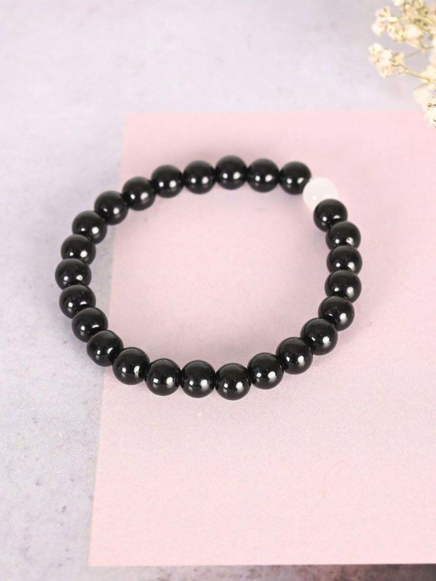 NVR Black Marble Crystal Beaded Elasticated Bracelet for Unisex