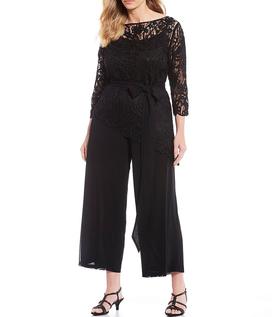 Soulmates Plus Size Boat Neck 3/4 Sleeve Asymmetric Baroque Lace 2-Piece Pant Set