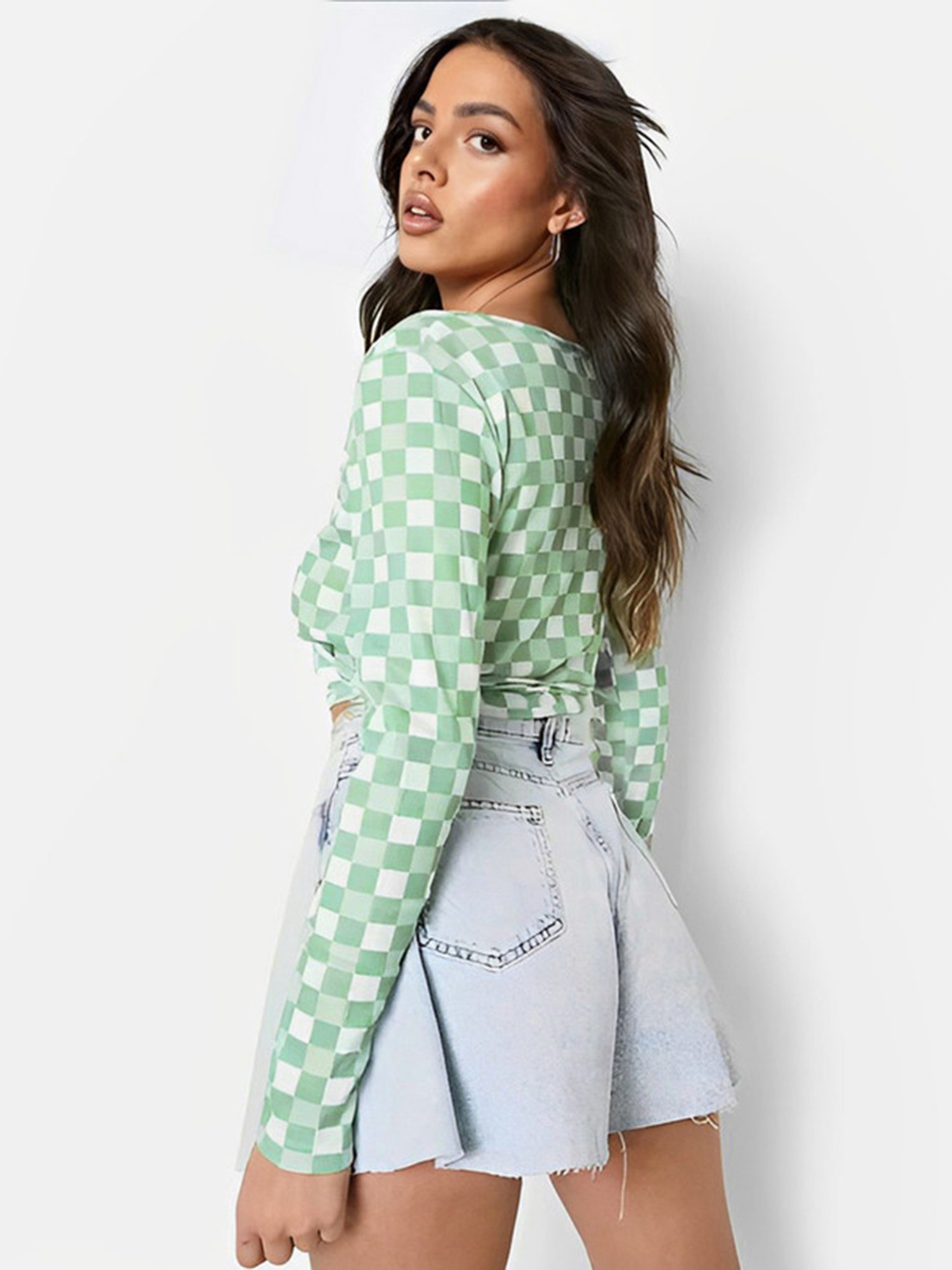 SELVIA Light Green Checks Crop Top