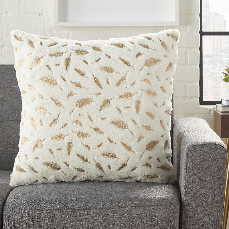 Nourison Fur Metallic Feathers Faux Fur Ivory Gold Throw Pillow - 22" x 22"