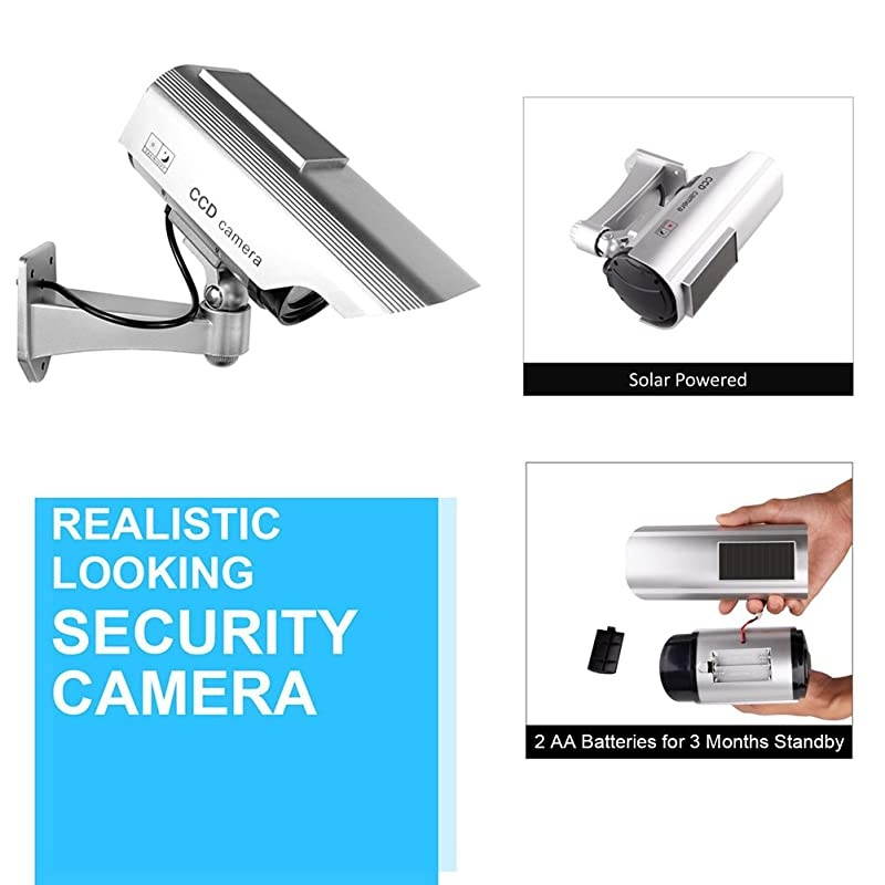 Solar Powered Bullet Dummy Fake Camera Surveillance Security CCTV Dome Camera with Flashing Red LED Light & Warning Security Alert Sticker Decals Outdoor/Indoor Use (1 Pack)