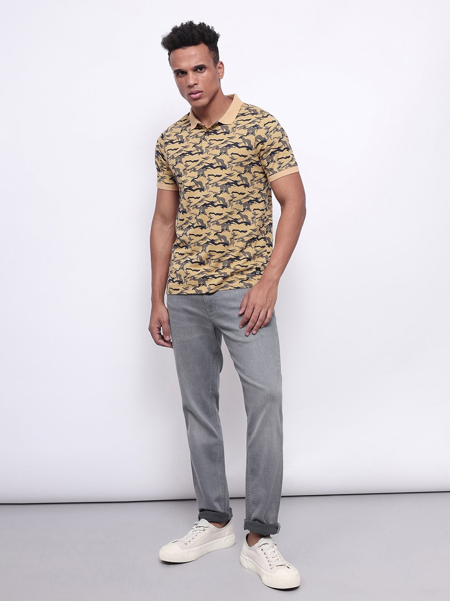 Lee Beige Slim Fit Printed Polo T-Shirt