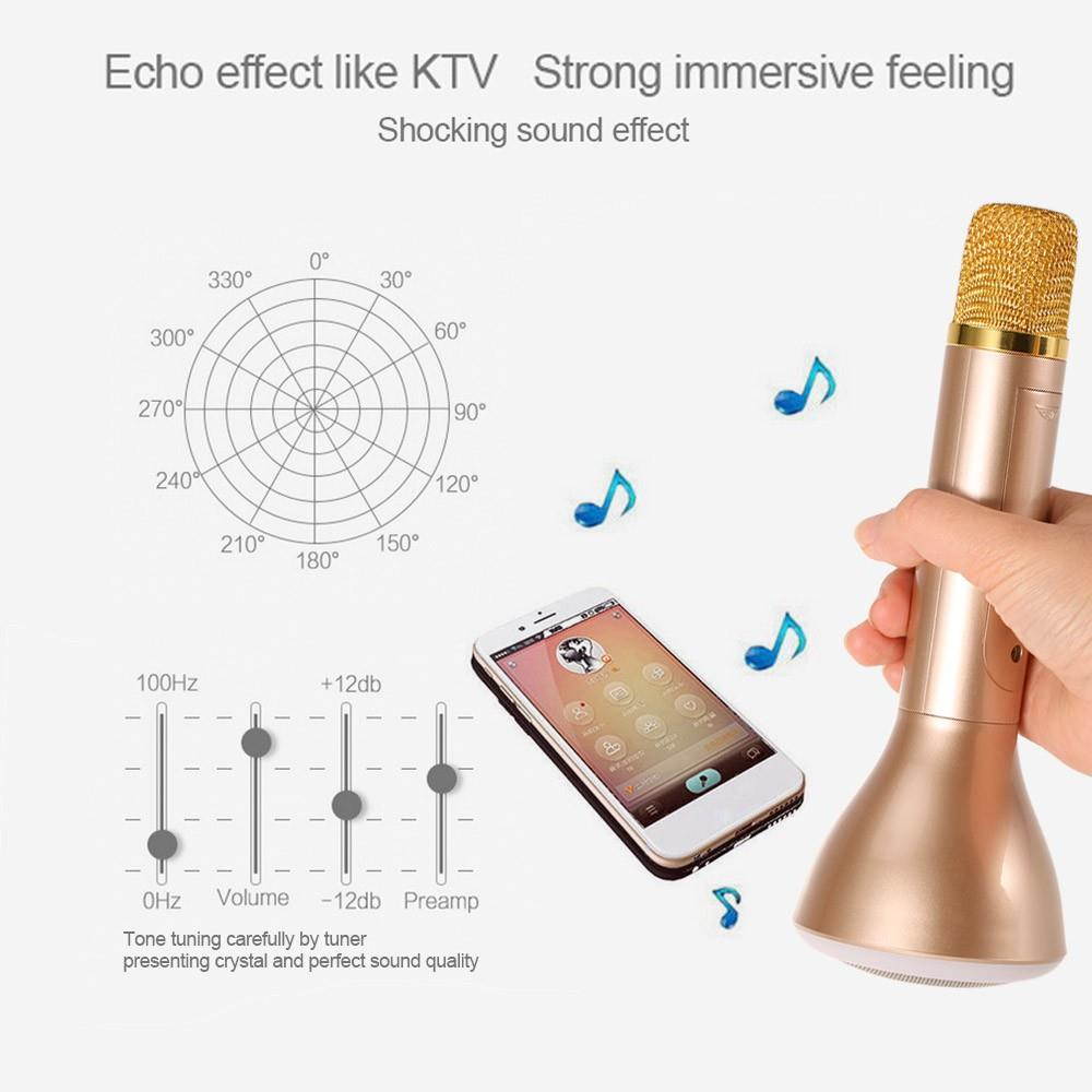 K188 Karaoke Player Wireless Bluetooth Condenser Microphone LED Light TF Card 3.5mm AUX-IN with Mic Speaker KTV Singing Record for Smart Phones Computers Gold