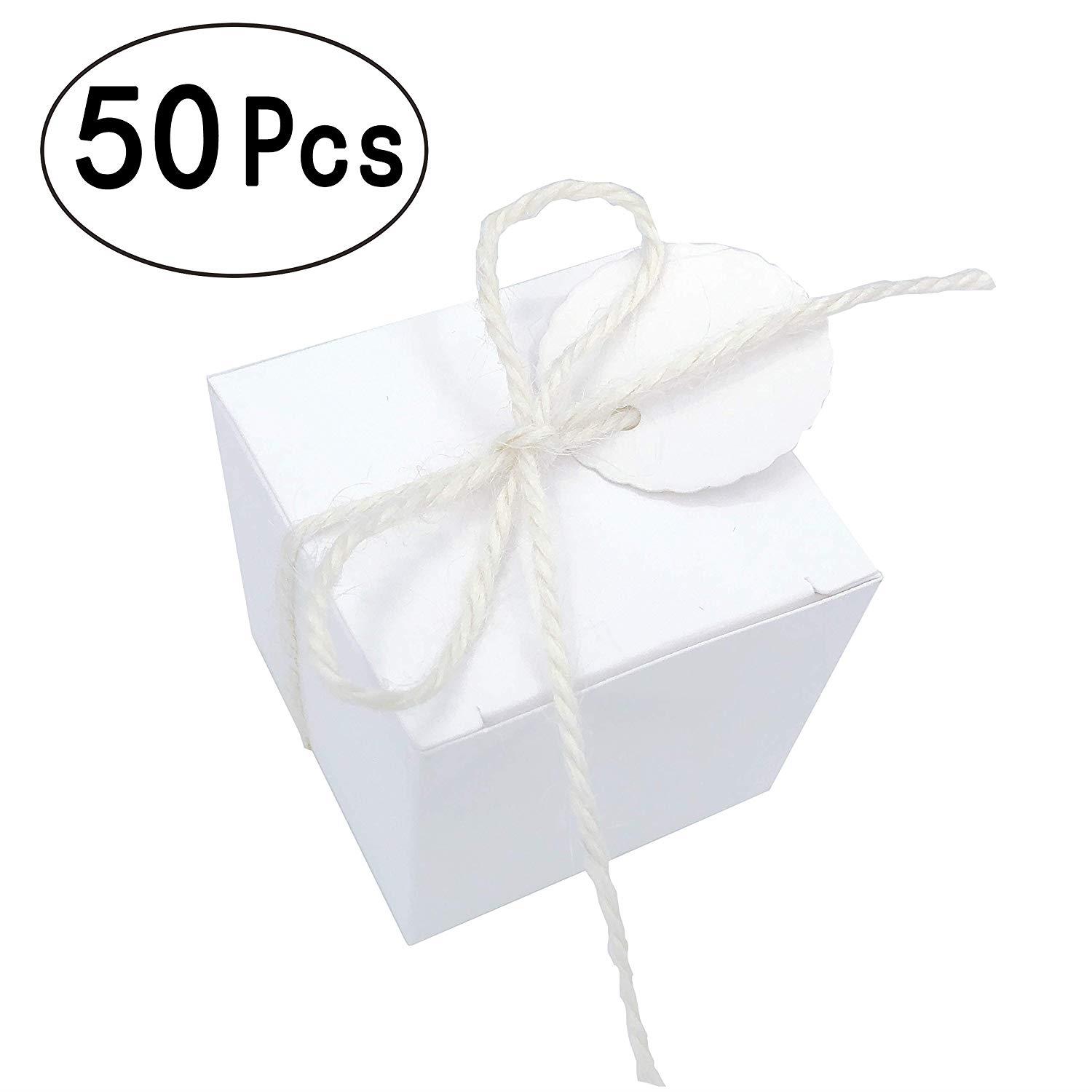 White Kraft Square Favor Boxes Kit Cube Candy Rustic Treat Boxes Set with Twine for Wedding Favors Baby Shower Birthday Party Supplies, 50pc