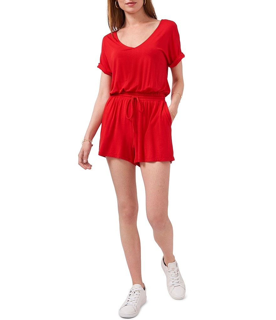 1. STATE V-Neck Short Sleeve Tie Waist Front Pockets Knit Romper
