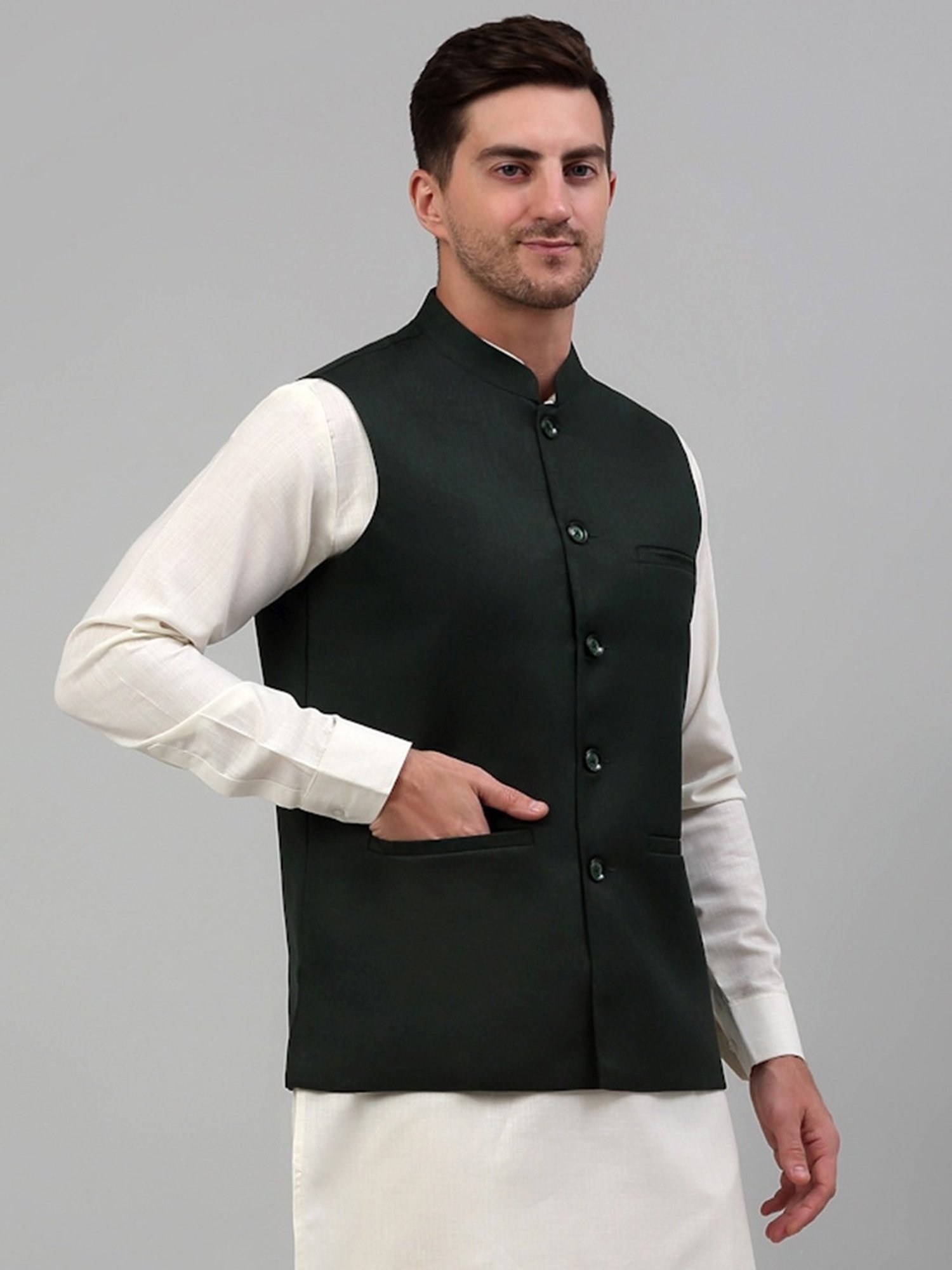 Jompers Olive Regular Fit Nehru Jacket