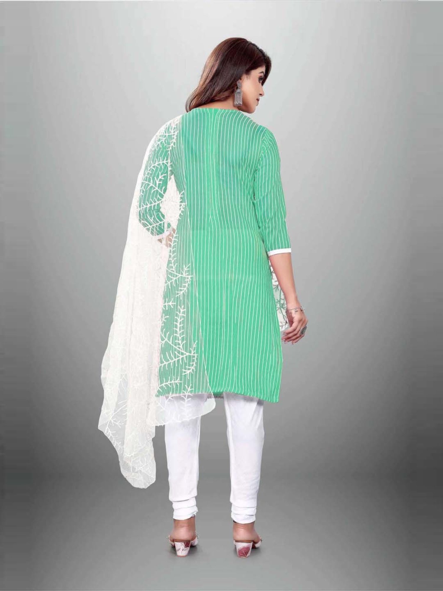 APNISHA Green & White Cotton Striped Unstitched Dress Material