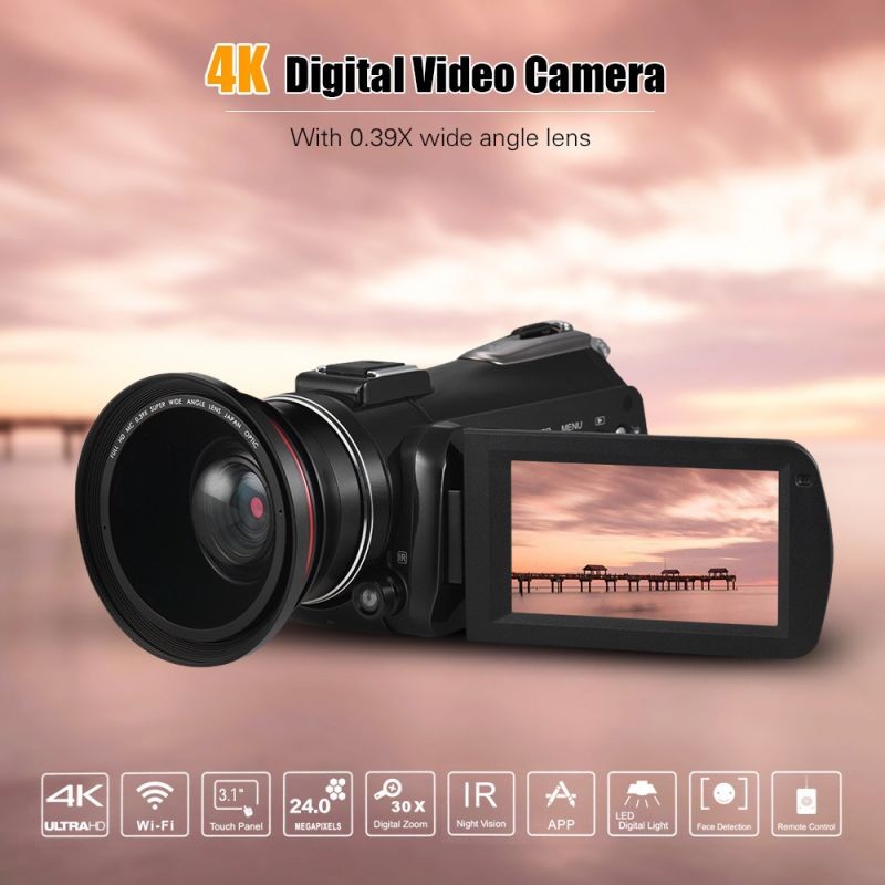 Andoer AC3 4K UHD 24MP Digital Video Camera Camcorder DV Recorder 30X Zoom WiFi Connection IR Night Vision 3.1 Inch IPS LCD Touchscreen Hot Shoe Mount with 2pcs Rechargeable Batteries + Extra 0.39X