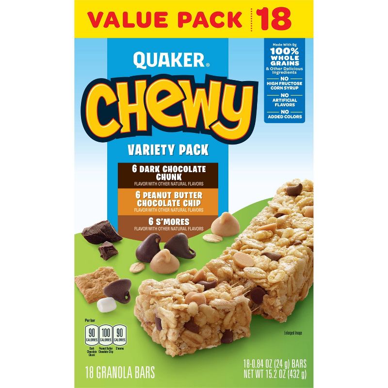 Quaker Chewy Dark Chocolate Chunk, Peanut Butter Chocolate Chip & S'mores Granola Bars Variety Pack - 18ct