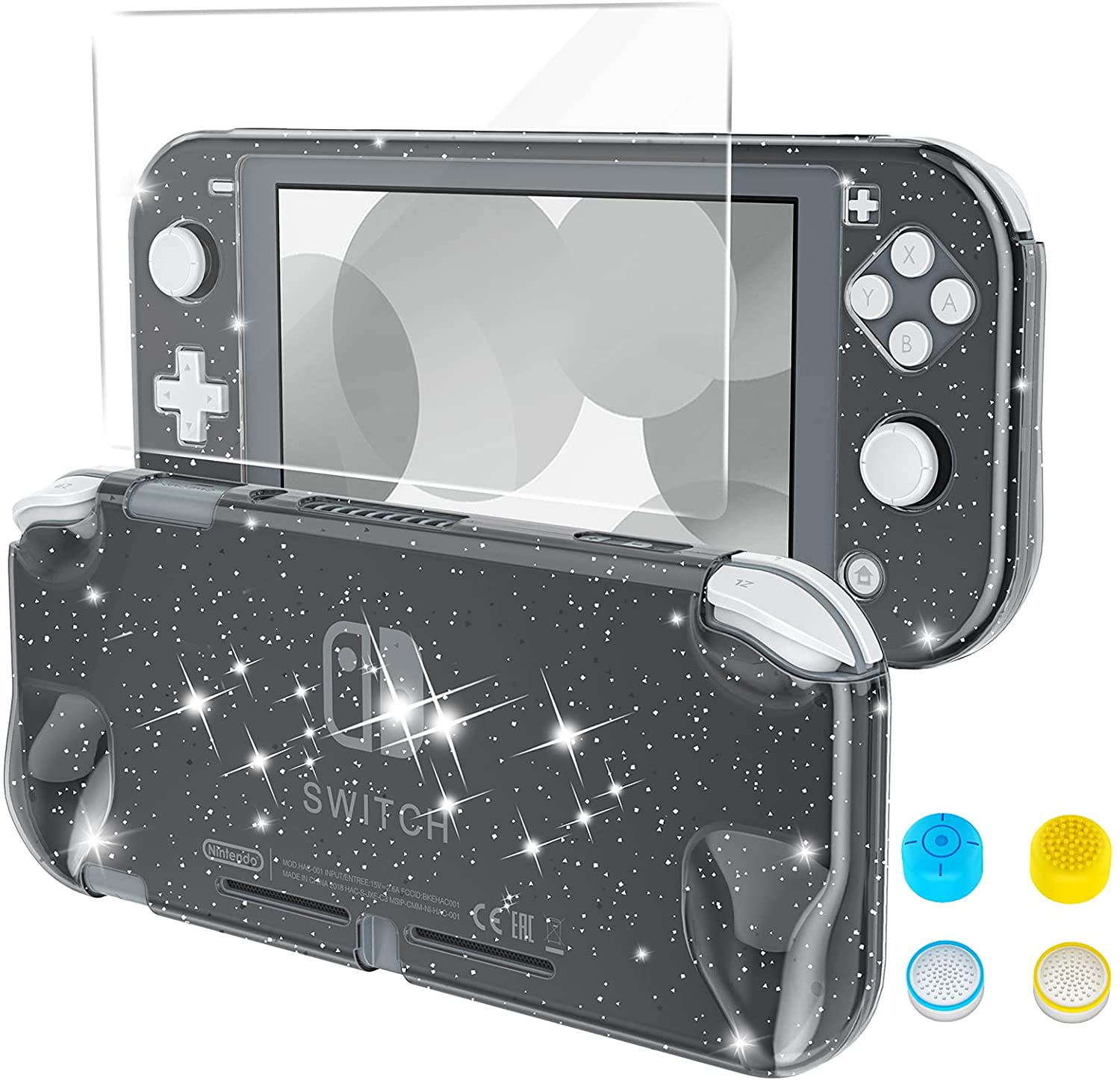 HEYSTOP Case Compatible with Nintendo Switch Lite, with Tempered Glass Screen Protector and 4 Thumb Grip, Front and Back, All-Round Protective case (Black)