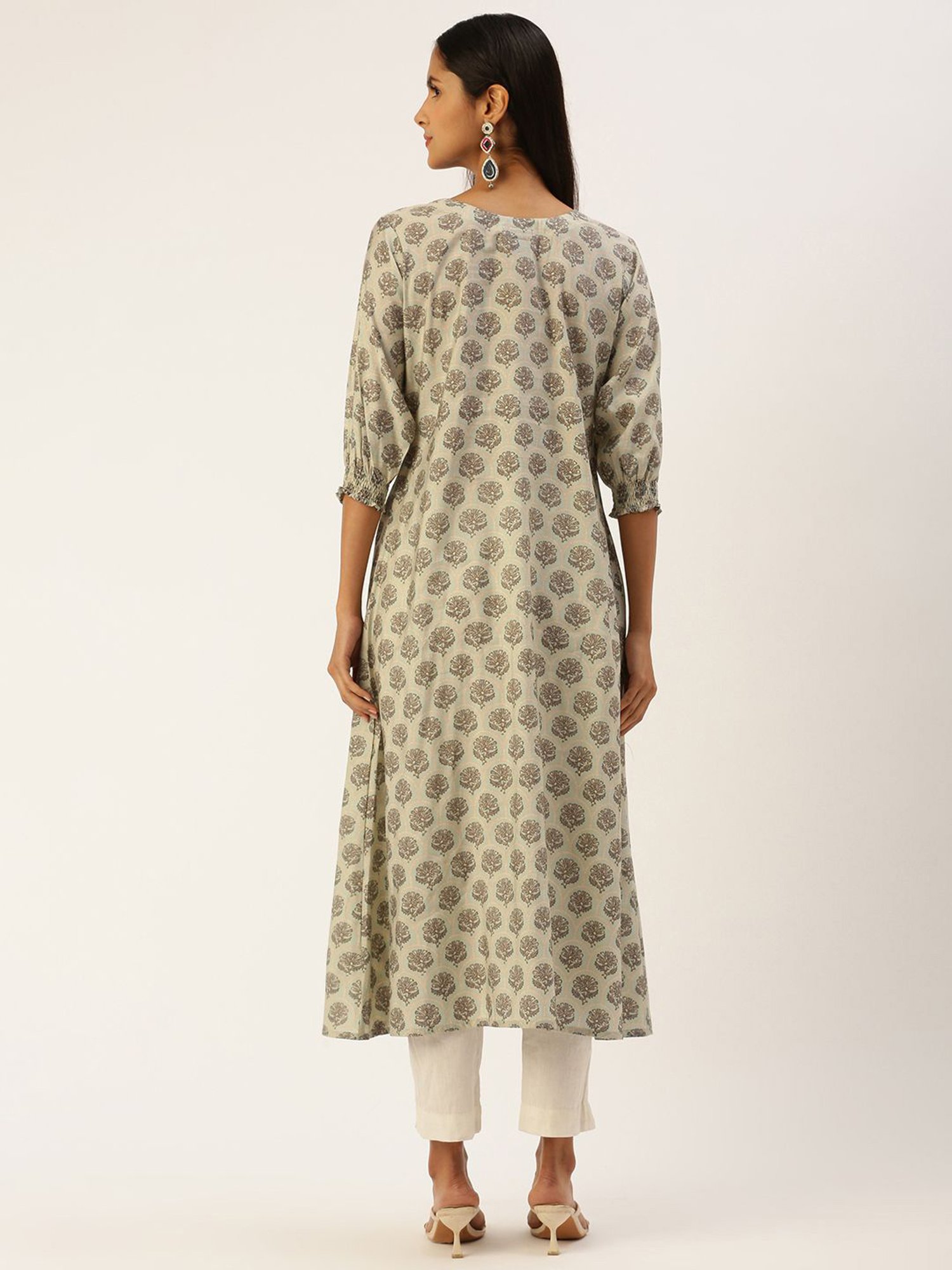 SHANVIKA Green Printed Cotton Silk A Line Kurta