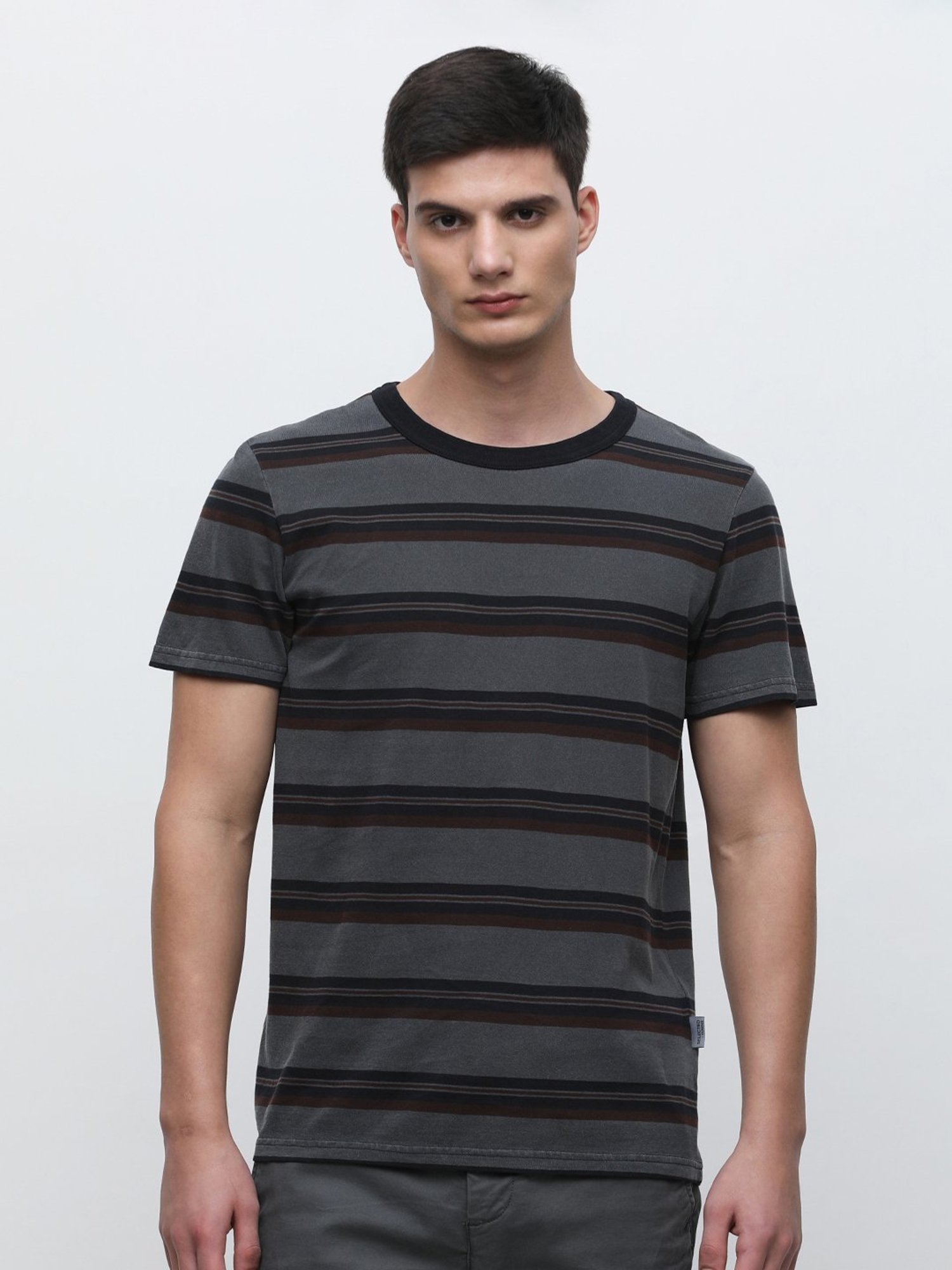 SELECTED HOMME Blue Slim Fit Stripes Cotton Crew T-Shirt