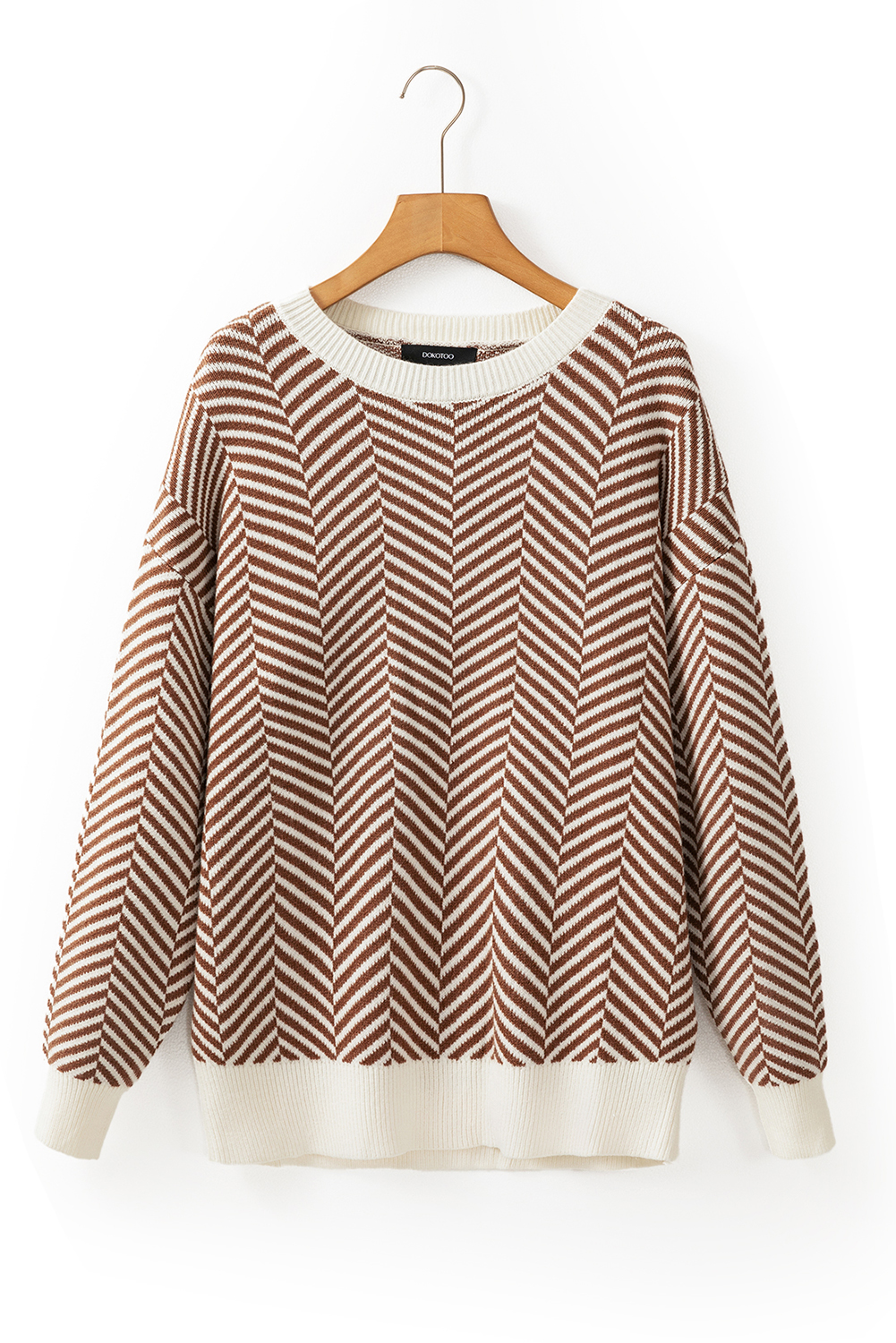 Coffee Stripe Contrast Edge Crew Neck Drop Shoulder Sweater