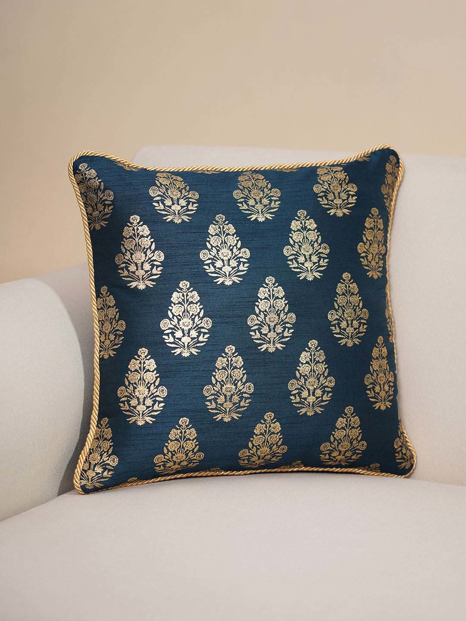 Pure Home and Living Blue Poly Dupion Foil Print Cushion Cover With Satin Twisted Dori