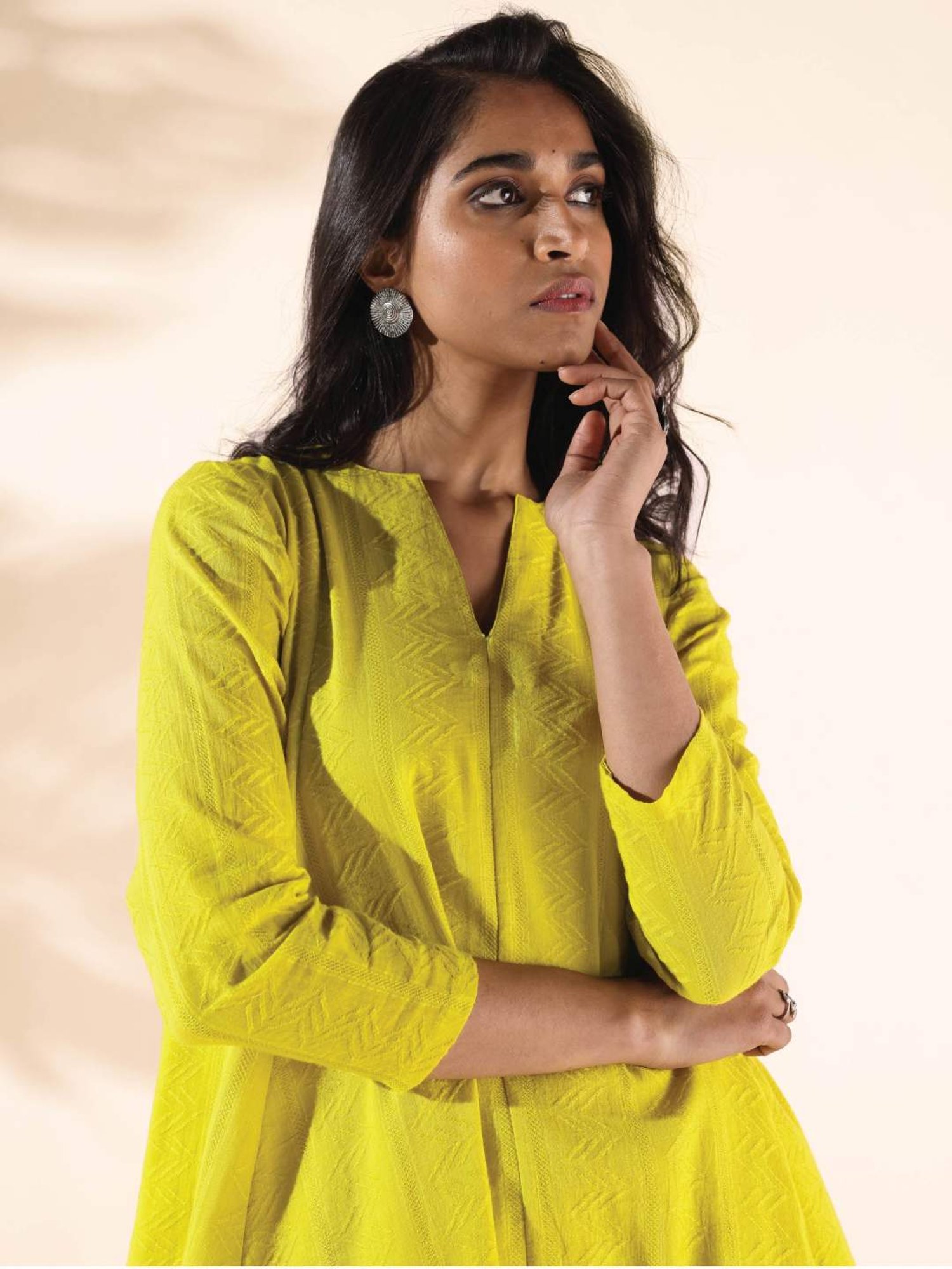 true Browns Yellow Self Pattern Tunic Pant Set