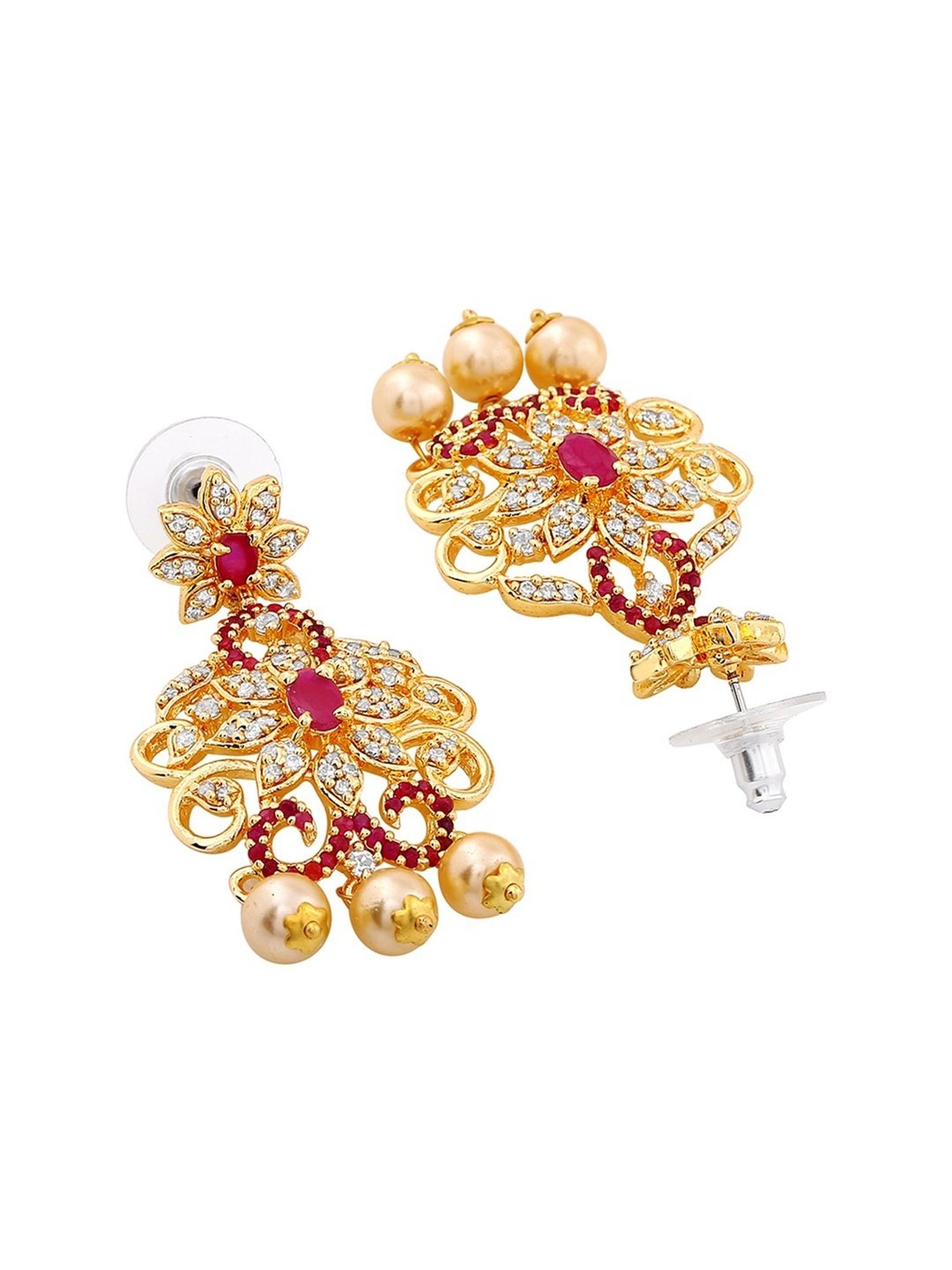 Estele Gold-Plated CZ Bridal Choker Necklace Set with Red Crystals & Pearls For Women