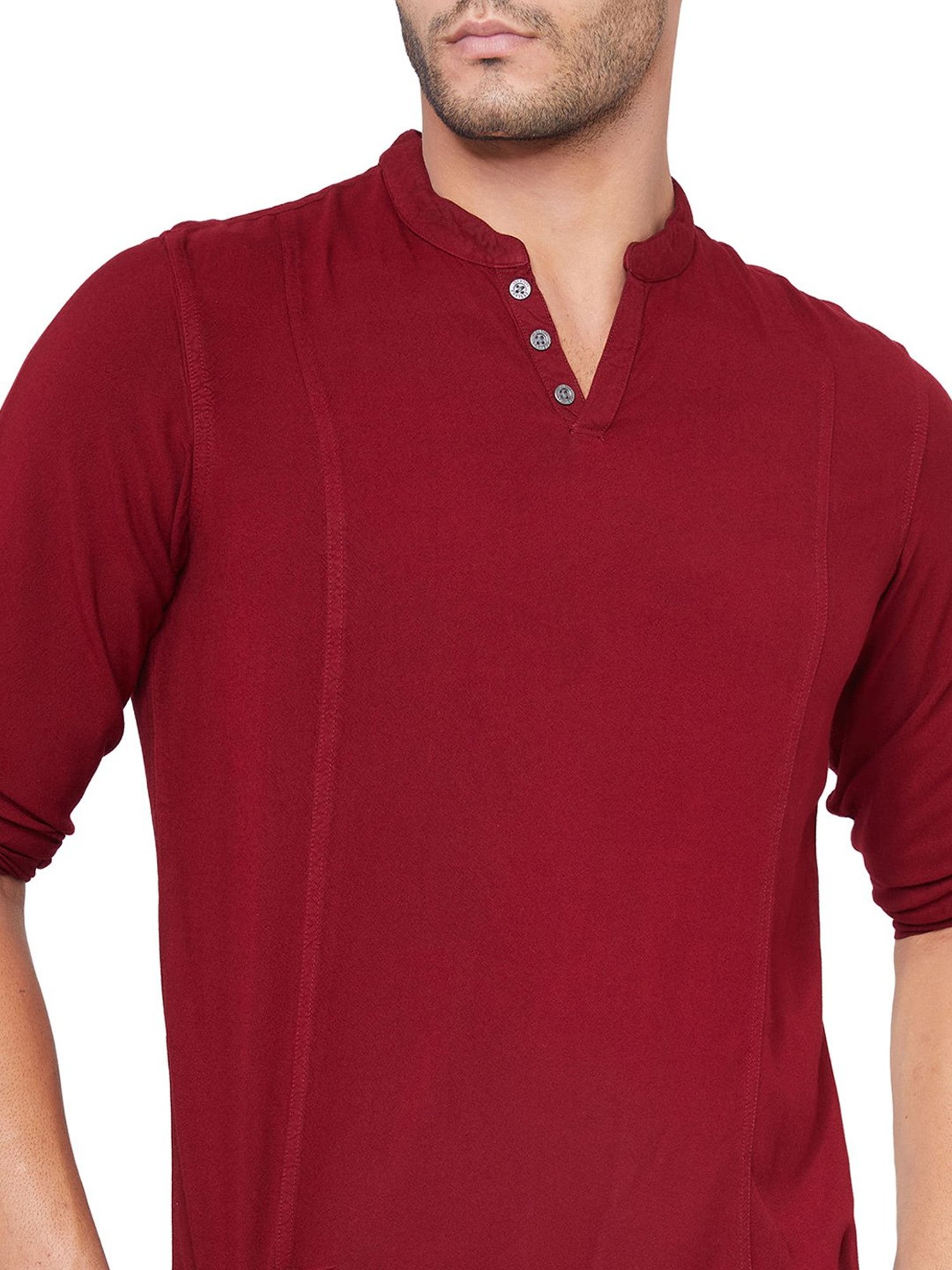 Identiti Maroon Full Sleeves Solid Slim Fit Short Kurta