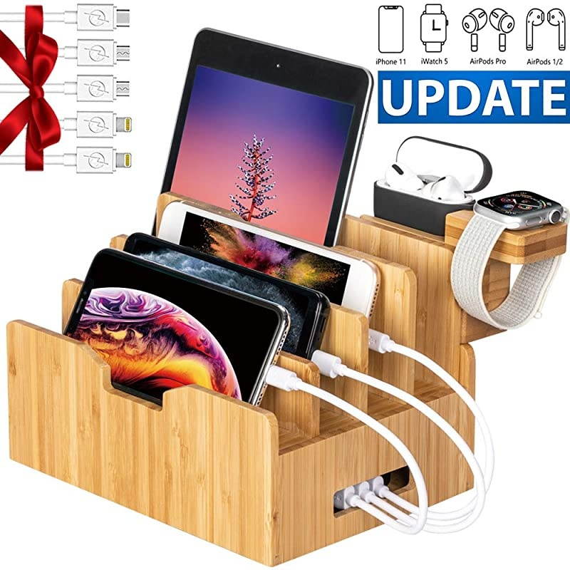 Charging Station for Multiple Devices with Integrated iWatch5 AirPods Pro Stand Desktop Charging Docking Station Organizer for iPhone 12 Tablet 5 Charging Cables IncludedNo Power Supply
