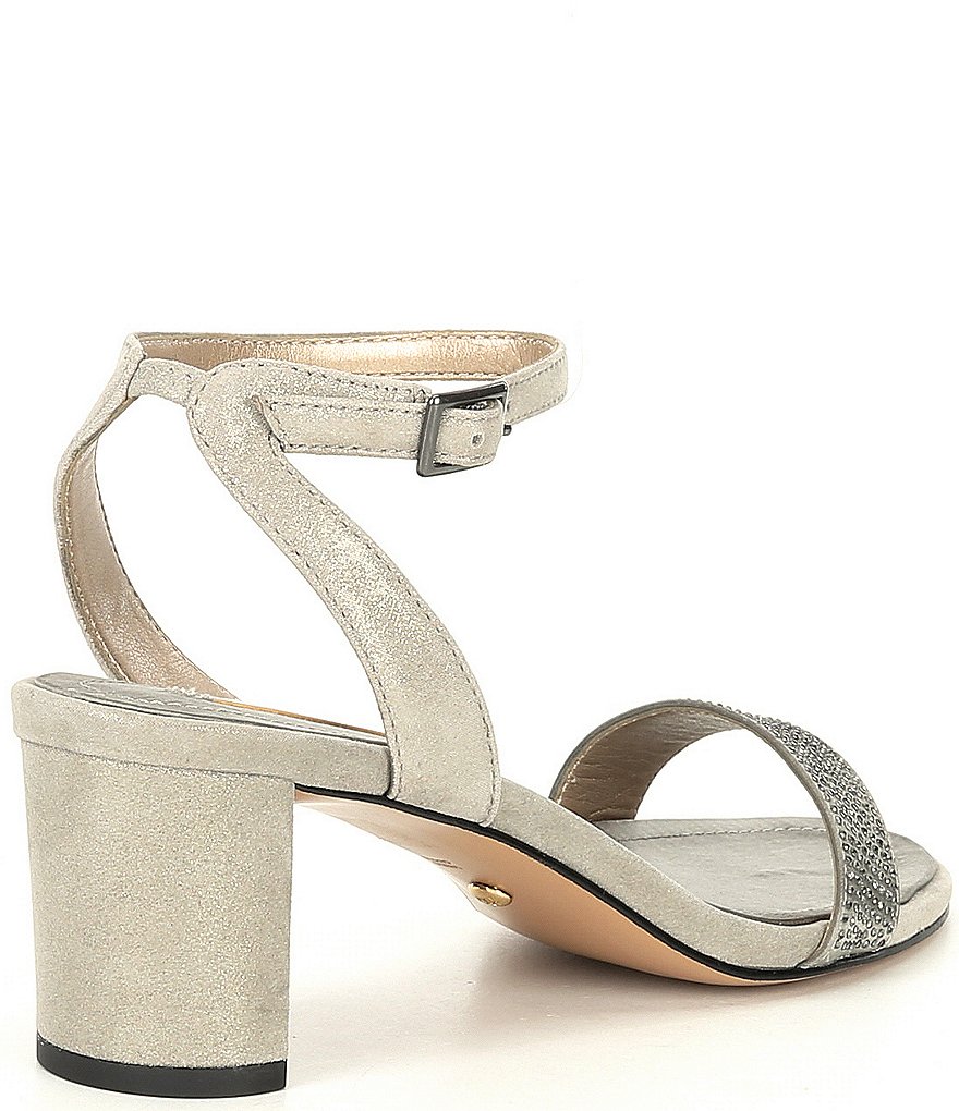 Pelle Moda Moira Metallic Suede Crystal Embellished Ankle Strap Dress Sandals