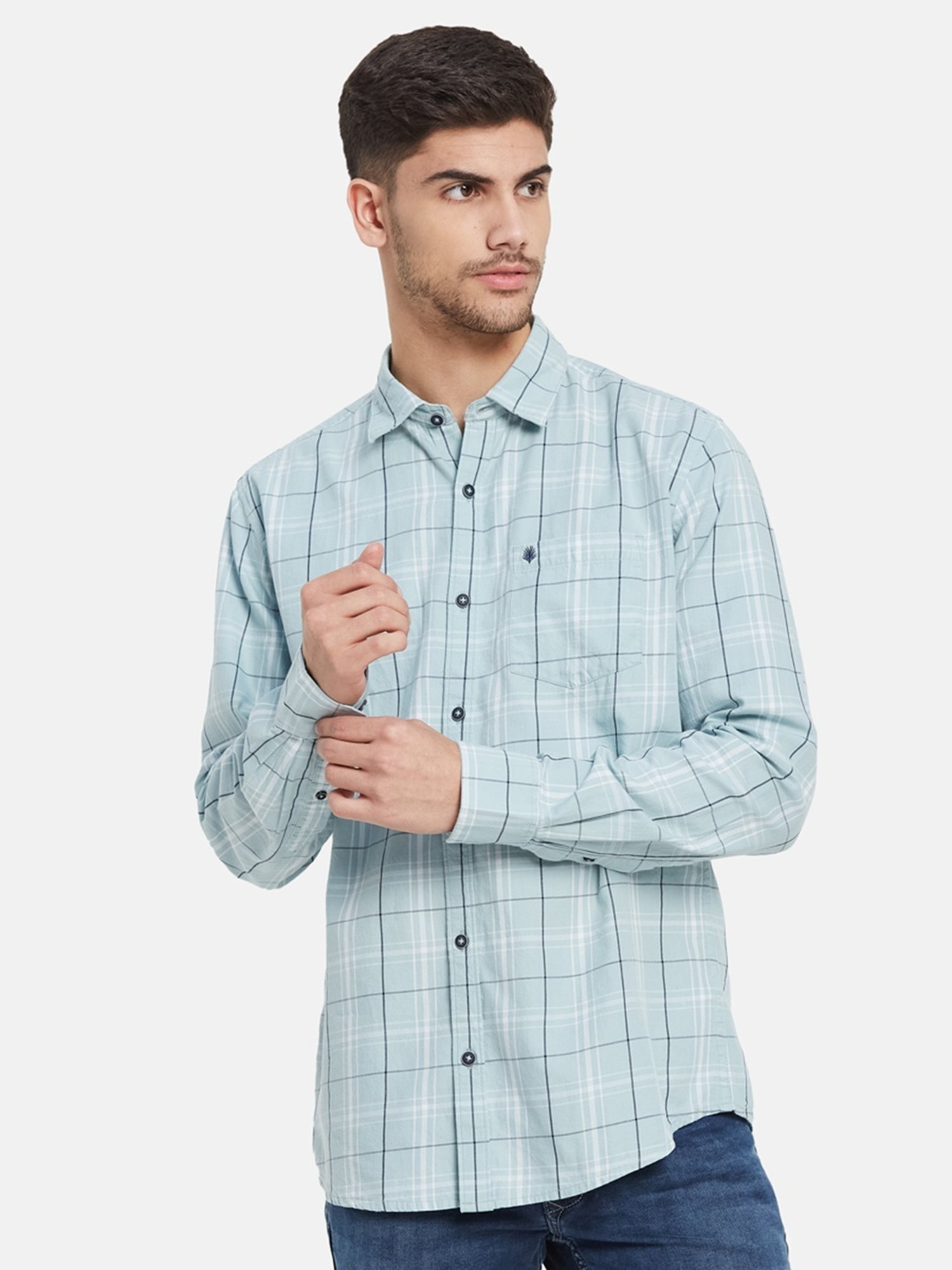 METTLE Light Teal Cotton Regular Fit Checks Shirt
