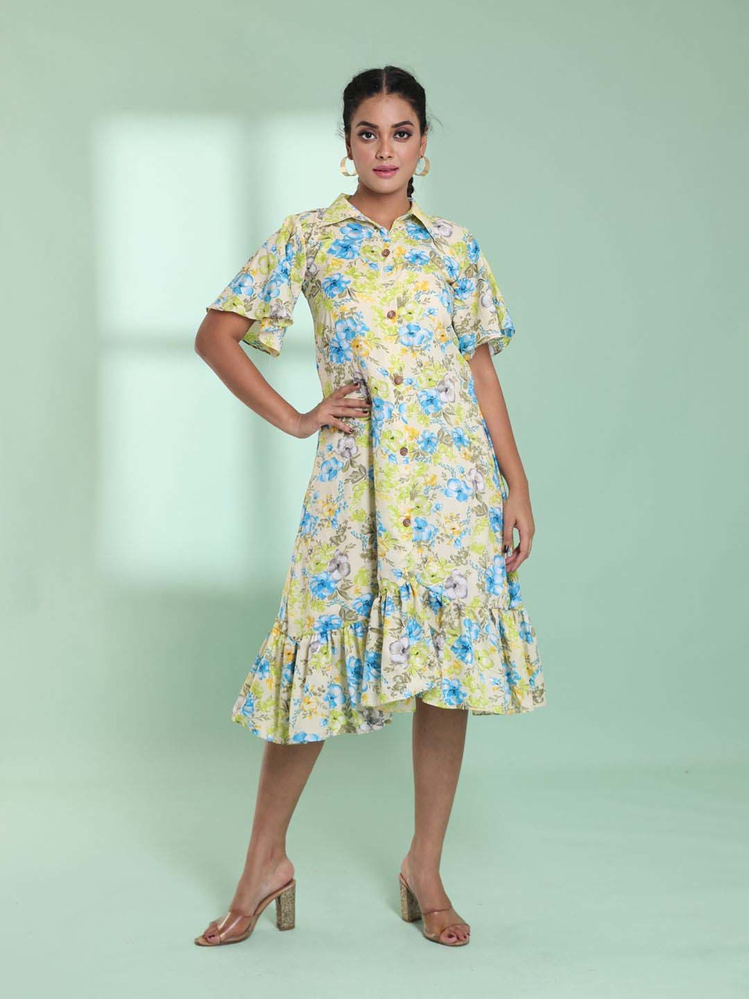CHARUKRITI Beige Printed A-Line Dress