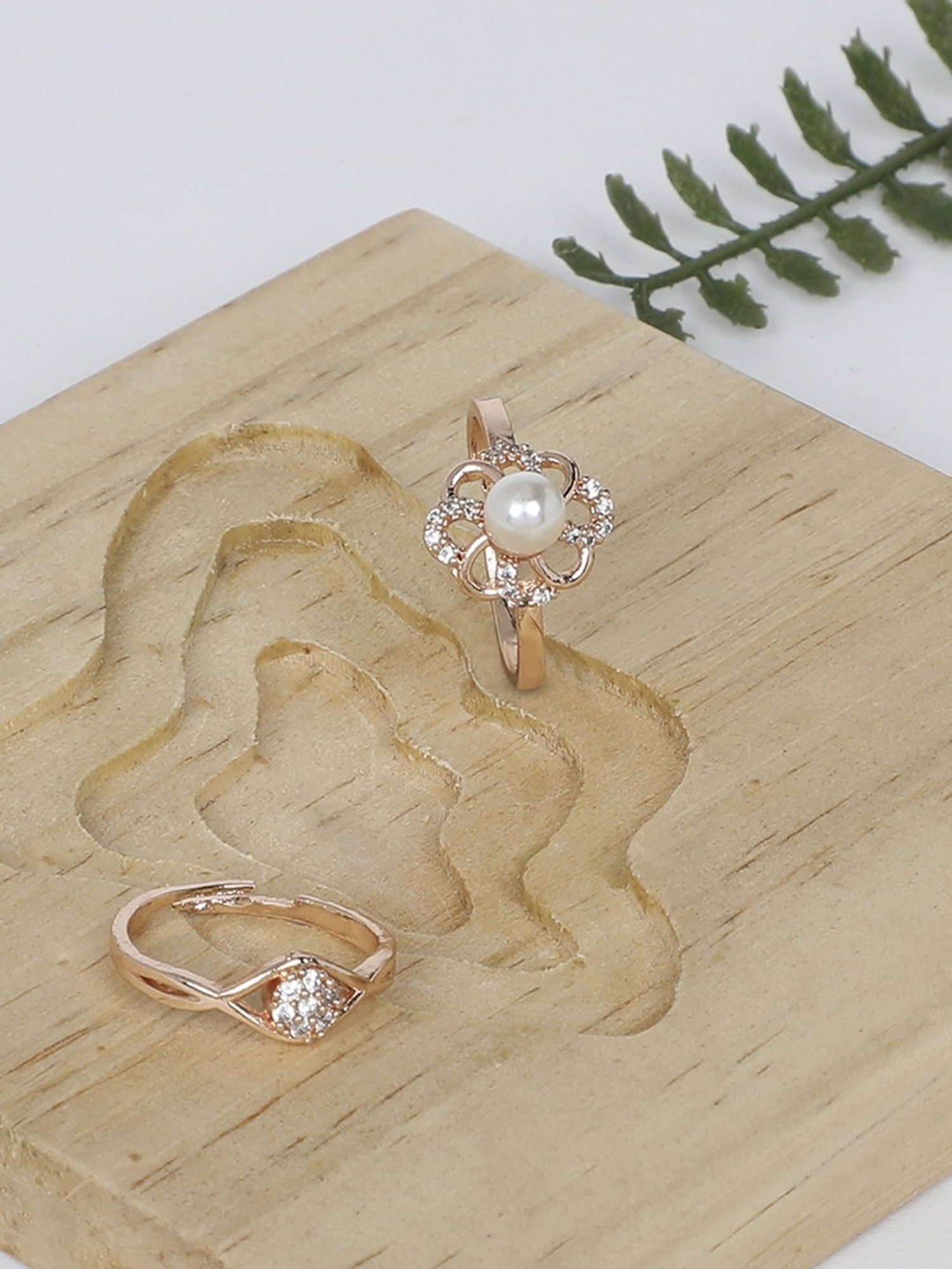 Zaveri Pears Set of 2 Rose Gold Contemporary Cubic Zirconia Brass Cocktail Ring - ZPFK11197