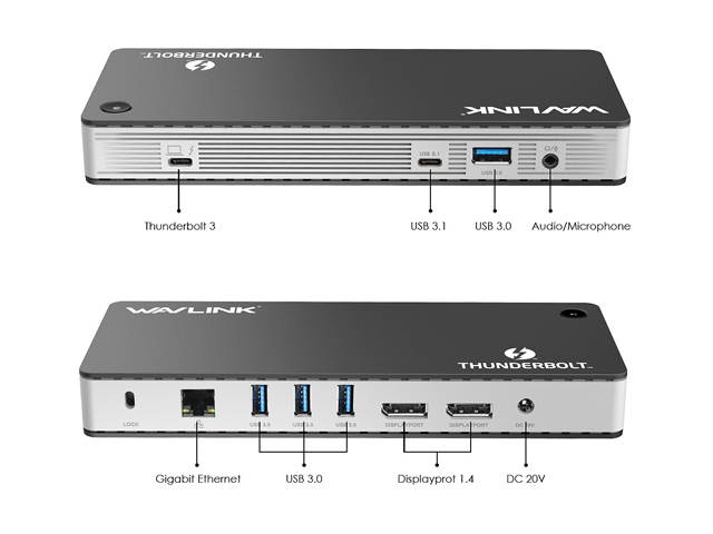 Wavlink Thunderbolt 3 USB-C 8K Docking Station Dual 4K Docking Station 60W Charging Dual DisplayPort 1.4 USB-C 3.1, 2 x USB 3.1, 2 x USB 3.0, Gigabit Ethernet, Audio, for MacBook & Windows Laptops