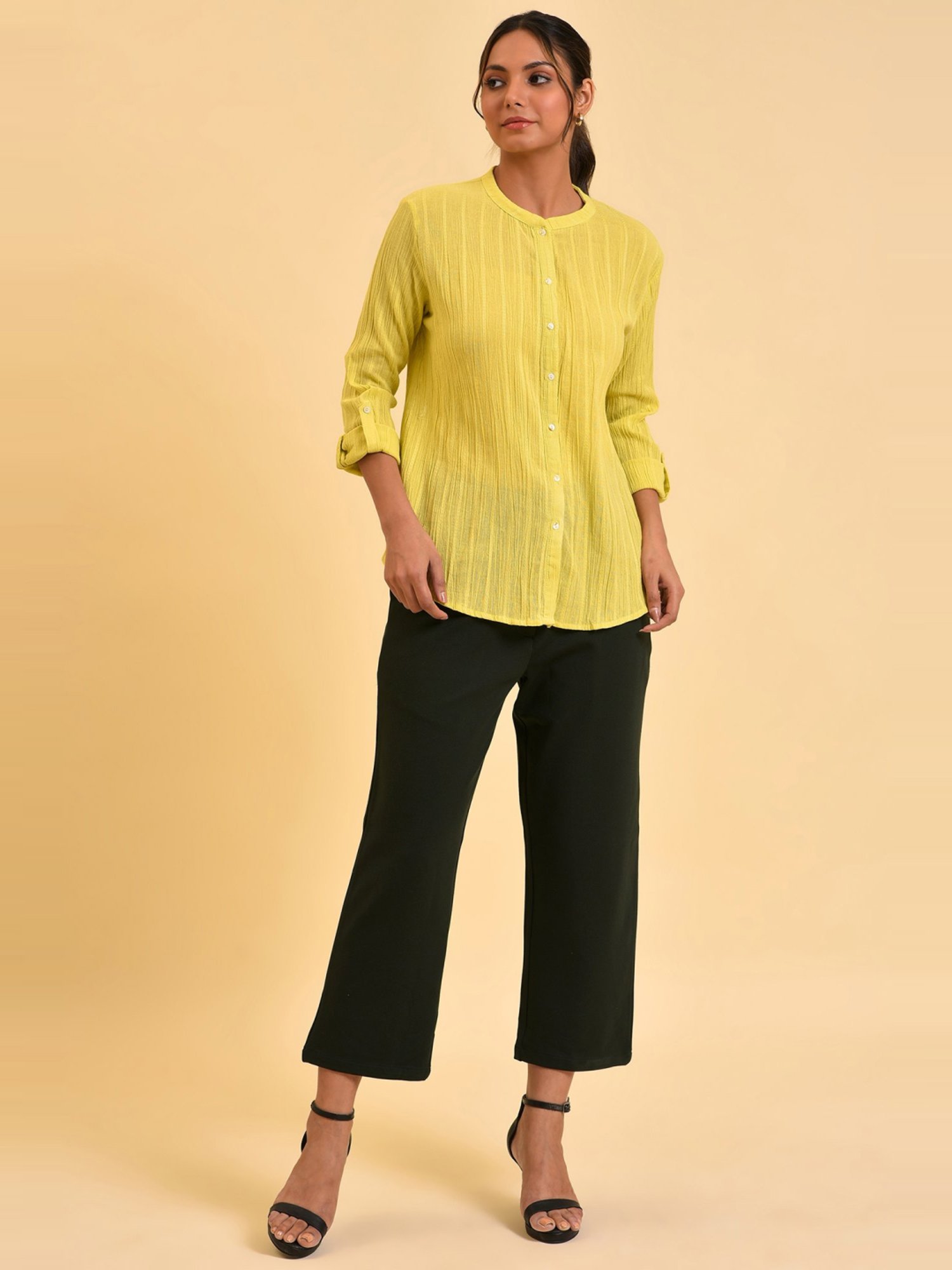 W Yellow Cotton Striped Top