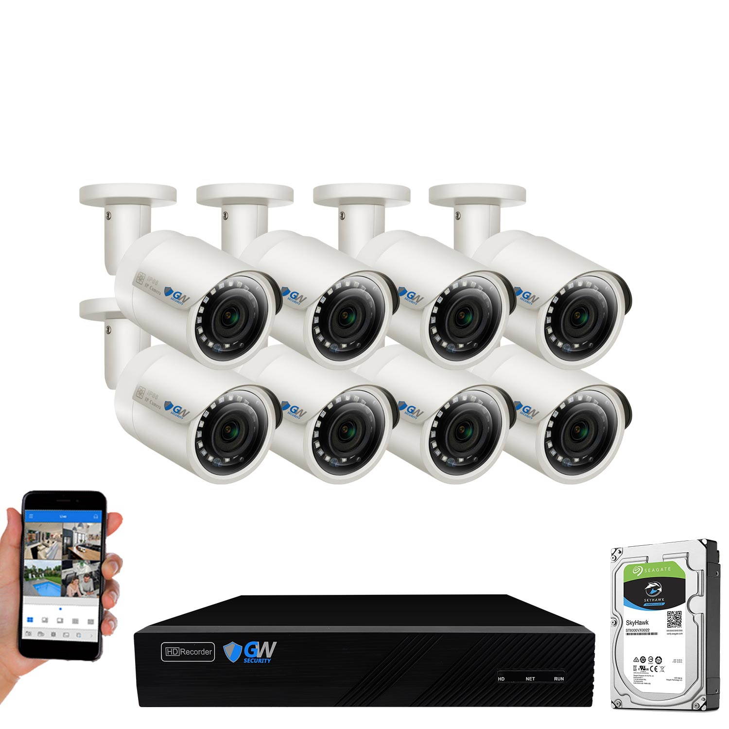 GW 8CH 4K H.265 NVR 5MP IP Security Camera System with (8) x IP PoE 1920P 5 Megapixels Outdoor/Indoor Wide Angle Microphone Bullet Cameras 100 Feet Night vision Motion Detection (2TB HDD)