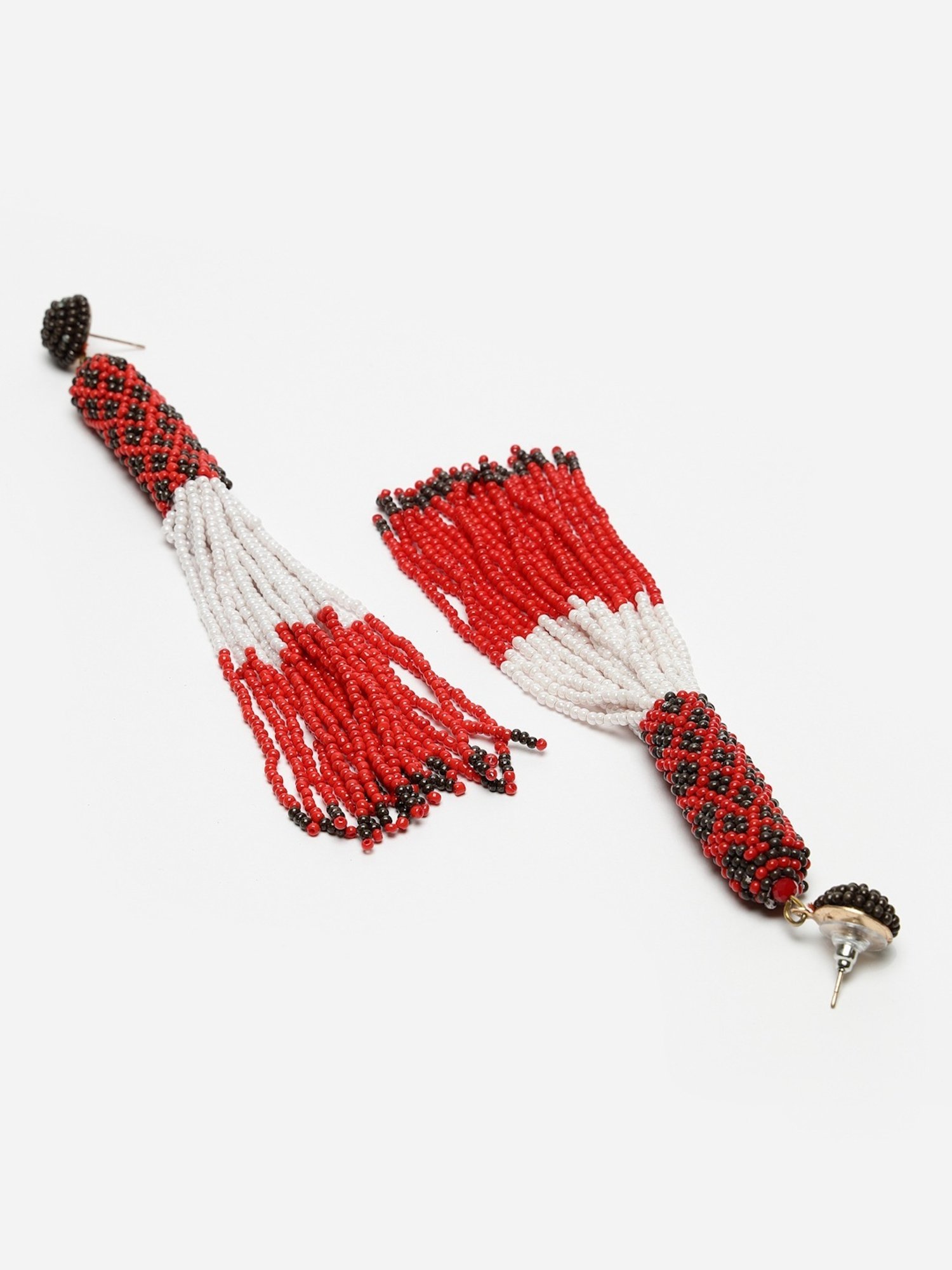 Moedbuille Red and Black Beads Contemporary Tasselled Design Gold Plated Handcrafted Earrings