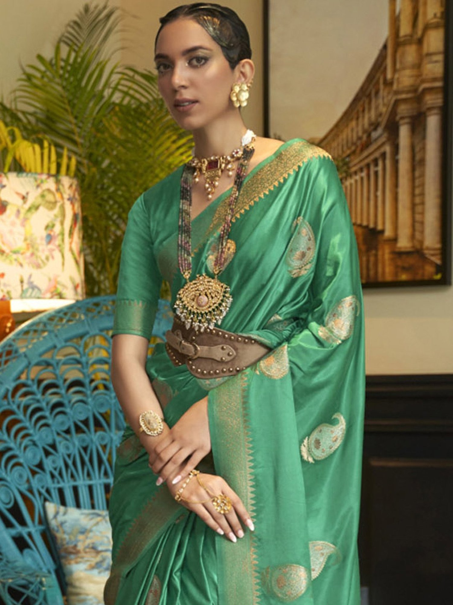 Elora Sea Green Woven Saree With Unstitched Blouse