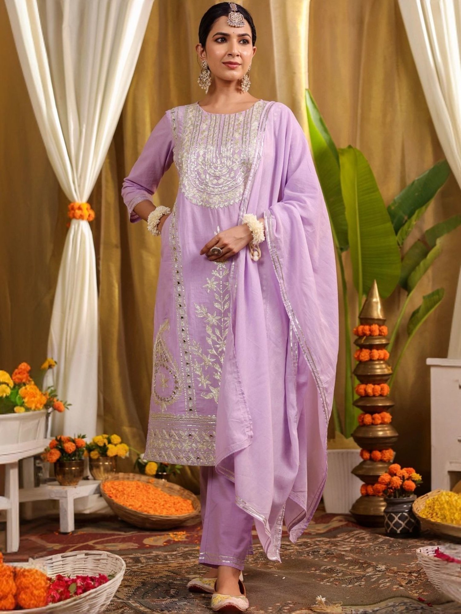 SCAKHI Lavender Cotton Gota & Mirror Work Kurta and Pant With Dupatta
