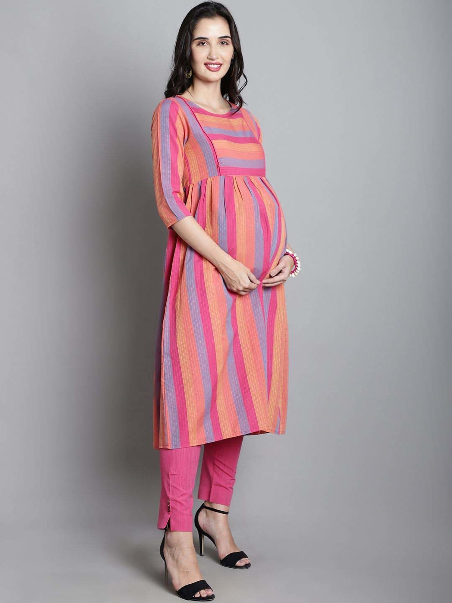 Moms Maternity Pink Cotton Striped Maternity Kurta Pants Set