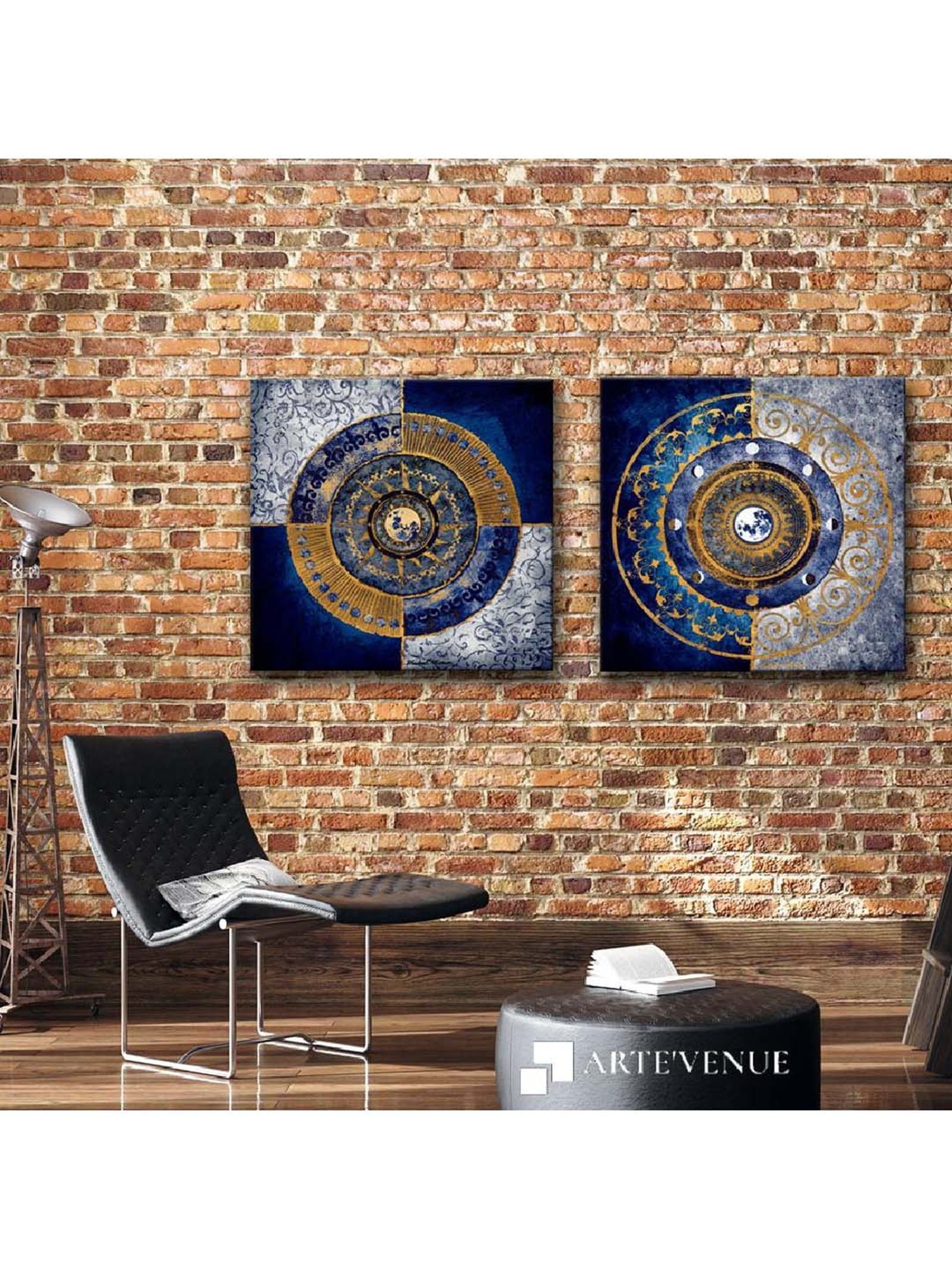 ARTE'VENUE Moon Dial Blue & Yellow Canvas Wall Arts - Set of 2 (10 X 10 inch Each)