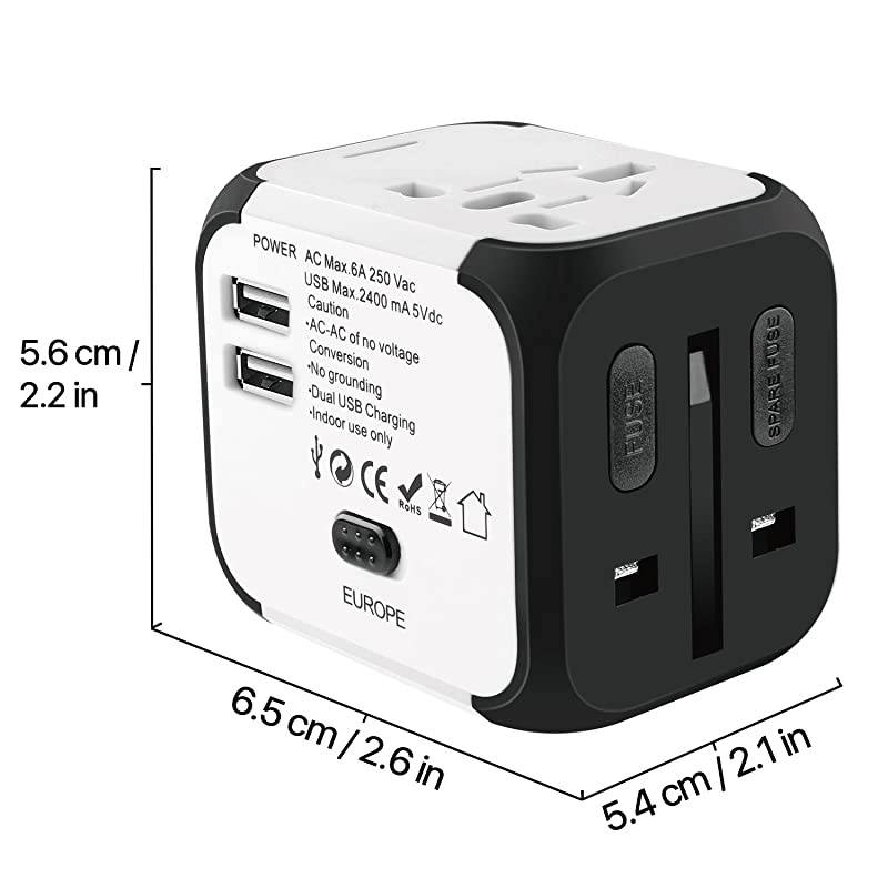 International Universal Power Adapter Converter with 2 USB Charging Ports All in One Travel Worldwide Plug Builtin Spare Fuse AC Socket Wall Outlet for US EU UK AU CN 150 Countries White