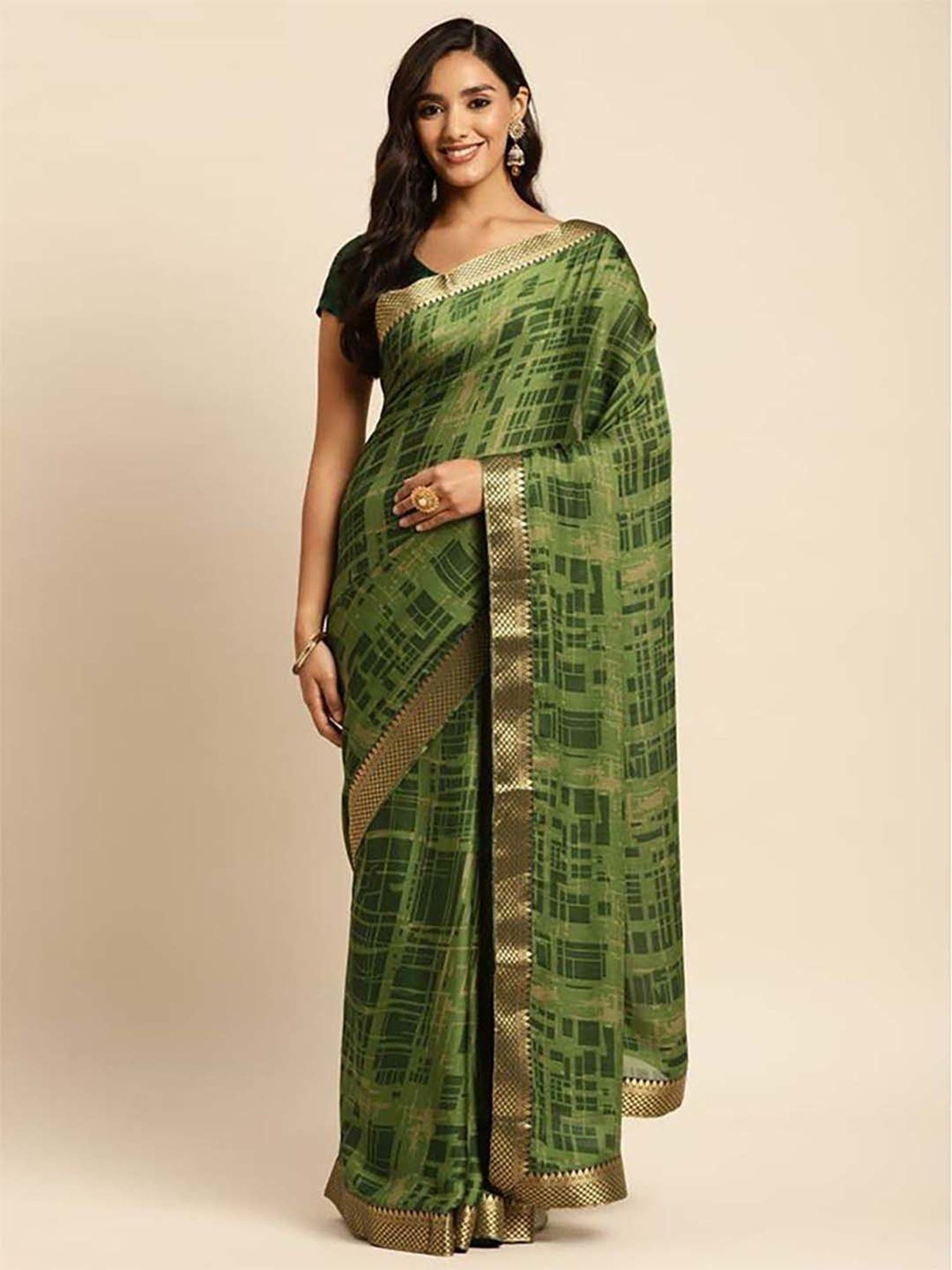Rangita Green Printed Saree With Unstitched Blouse