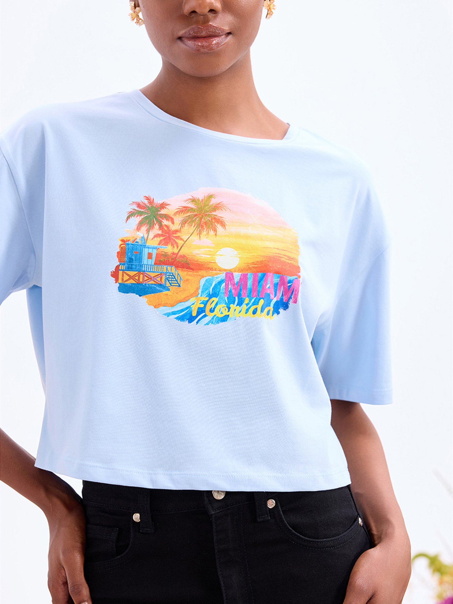 Cover Story Light Blue Cotton Graphic Print Crop T-Shirt