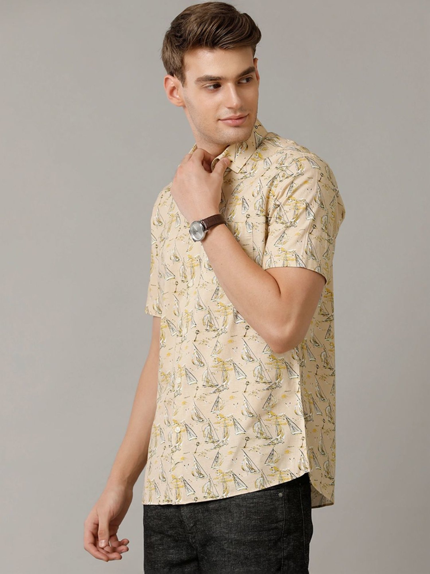 Cavallo By Linen Club Yellow Linen Contemporary Fit Printed Shirt