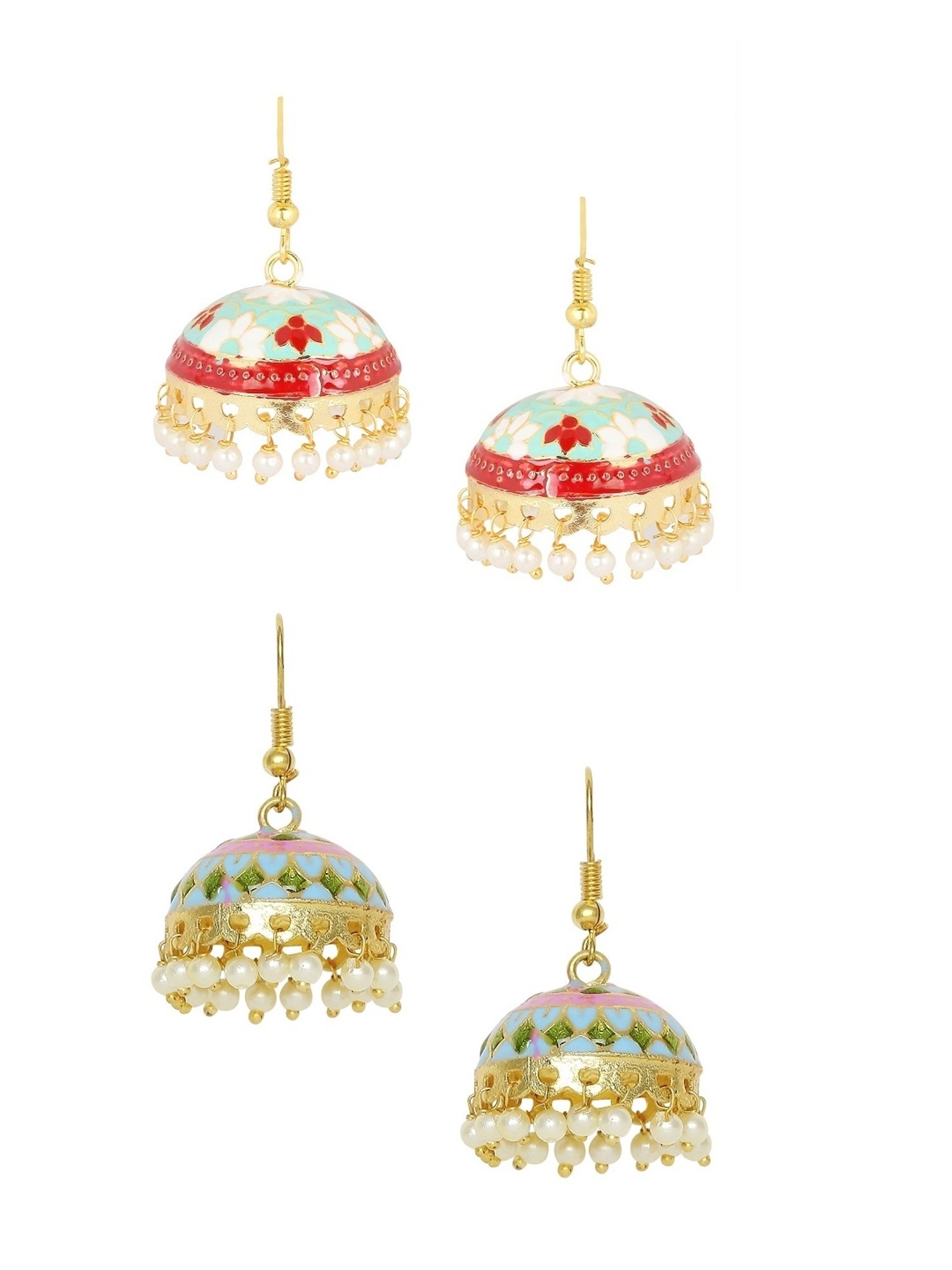 Oomph Red & Mint Green Pink Meenakari Enamel Minimal Floral Jhumki Earrings - Set of 2
