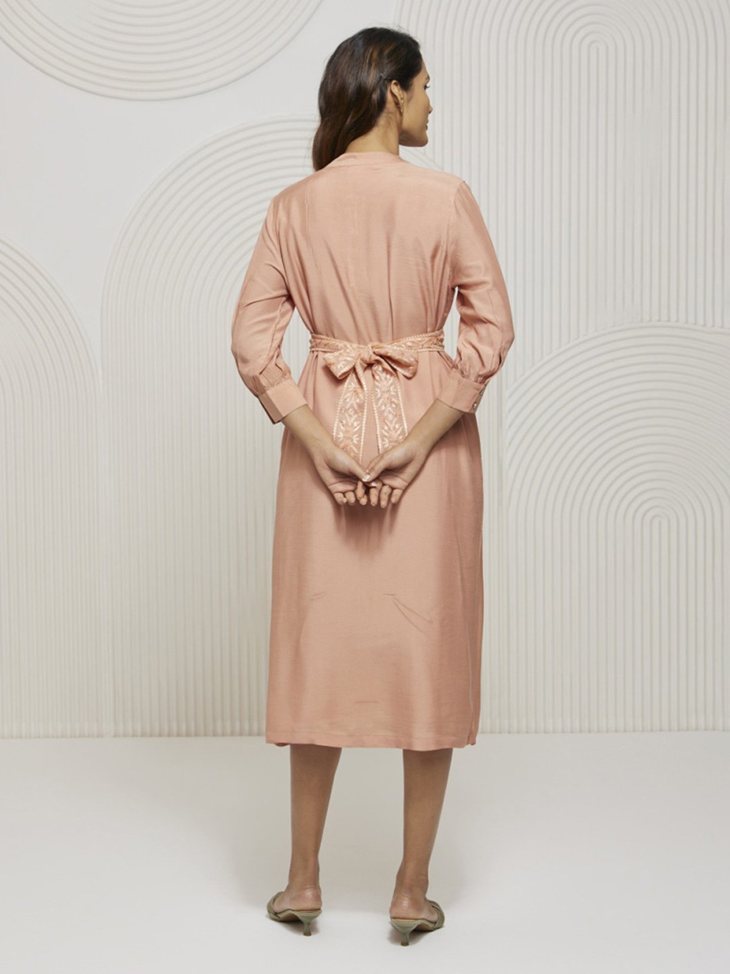 Artagai Salmon Pink Shift Dress with Embroidered Belt