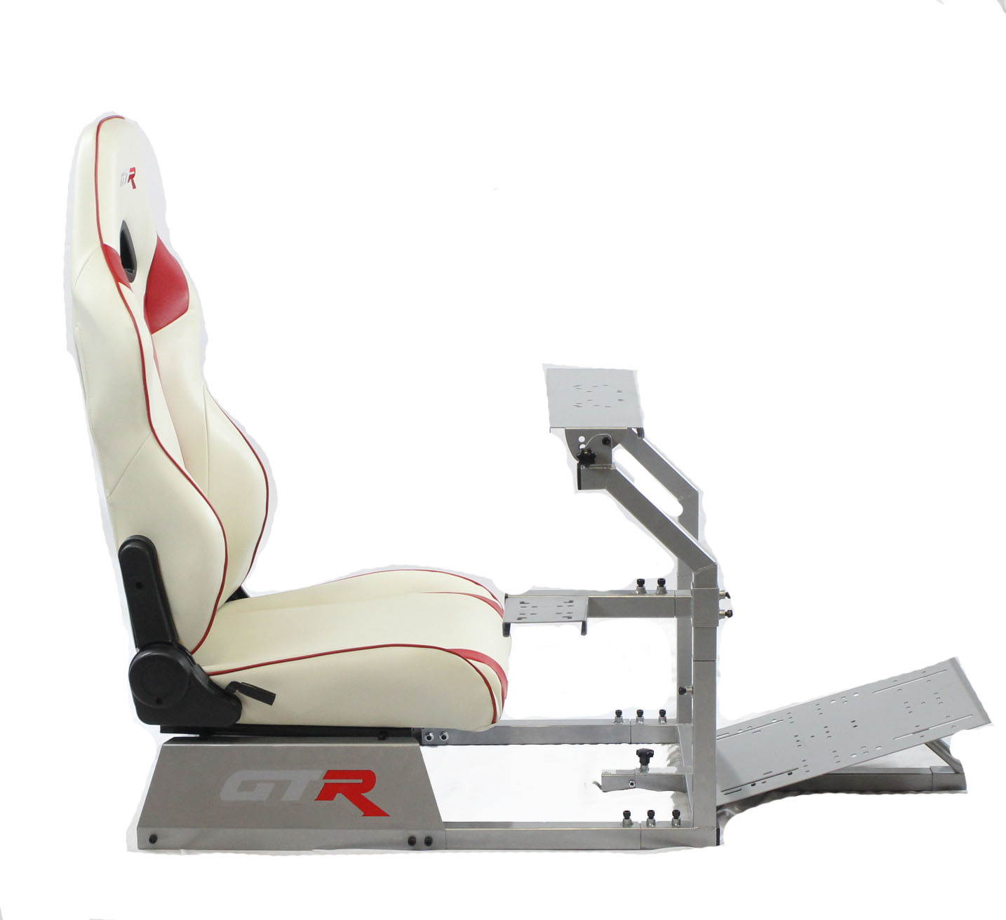 GTR Racing Simulator GTA-S-S105LWHTRD GTA Model Silver Frame with White/Red Real Racing Seat, Driving Simulator Cockpit Gaming Chair with Gear Shifter Mount