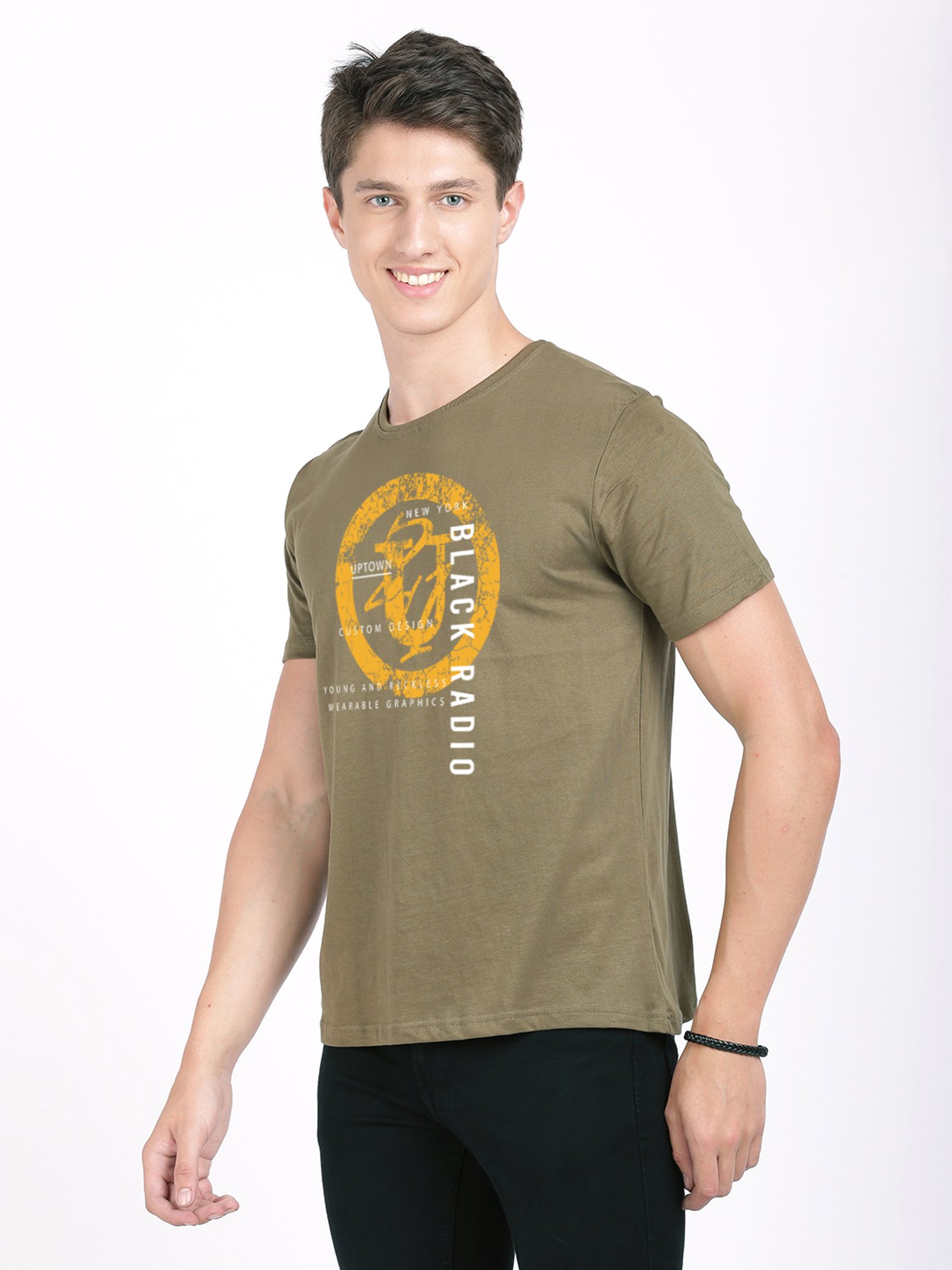 BLACK RADIO Olive Slim Fit Printed Cotton Crew T-Shirt