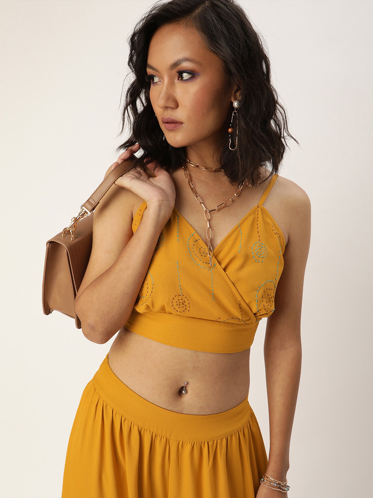 QUIERO Mustard Embroidered Crop Top With Pants