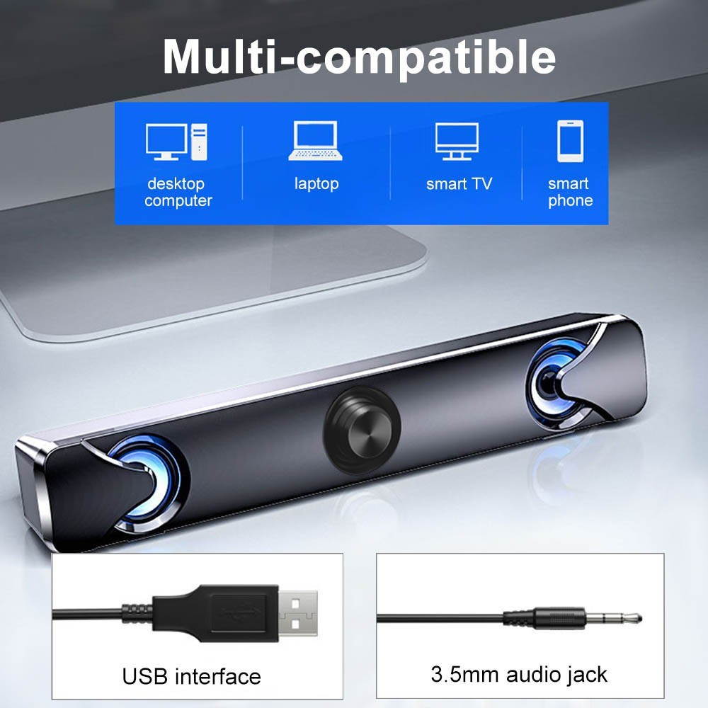 SADA V110 Speaker Bar Computer Speakers with LED Light 3.5mm Audio Cable Wired Computer Sound Bar USB Powered Mini Soundbar Speaker for TV PC Cellphone Tablets Desktop Laptop