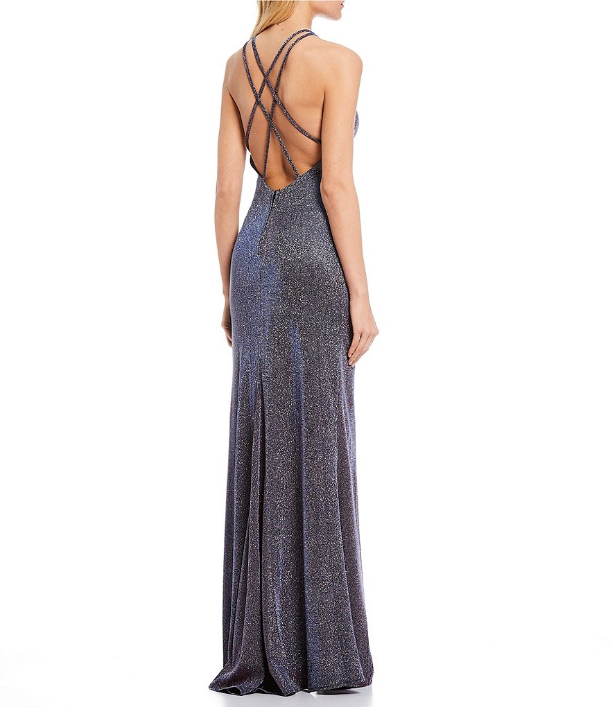 Dear Moon Double Spaghetti Strap Side Slit Shimmer Shine Long Dress