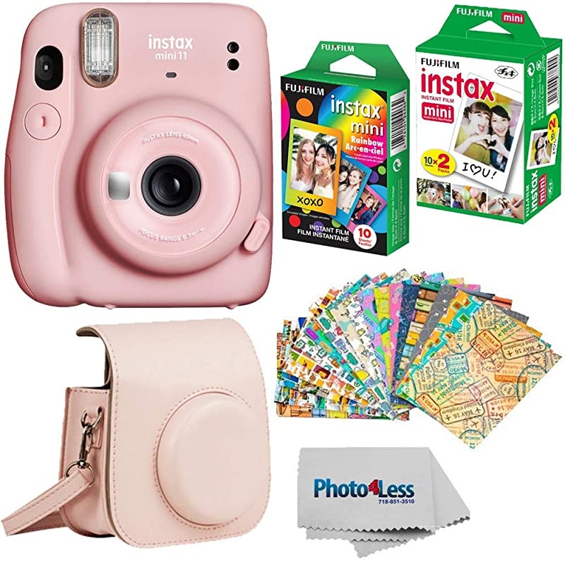 Instax Mini 11 Instant Camera Blush Pink 16654774 +  Instax Mini Twin Pack Instant Film 16437396 + Single Pack Rainbow Film + Case + Travel Stickers